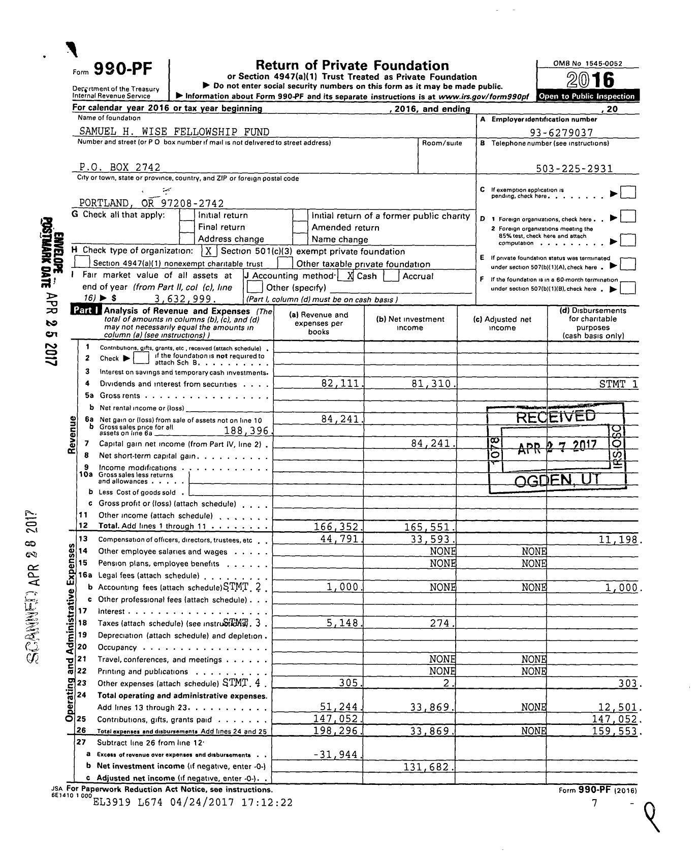 Image of first page of 2016 Form 990PF for Samuel H Wise Fellowship Fund