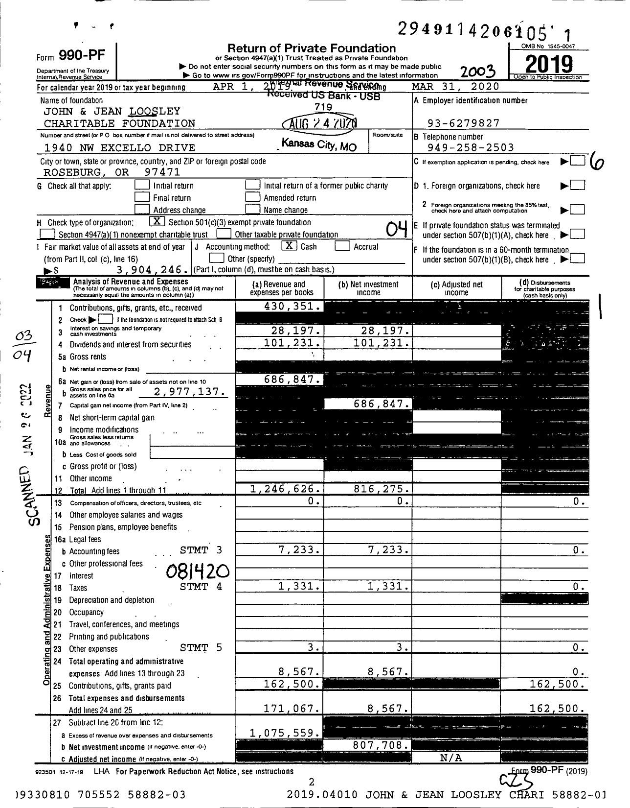 Image of first page of 2019 Form 990PF for John and Jean Loosley Charitable Foundation