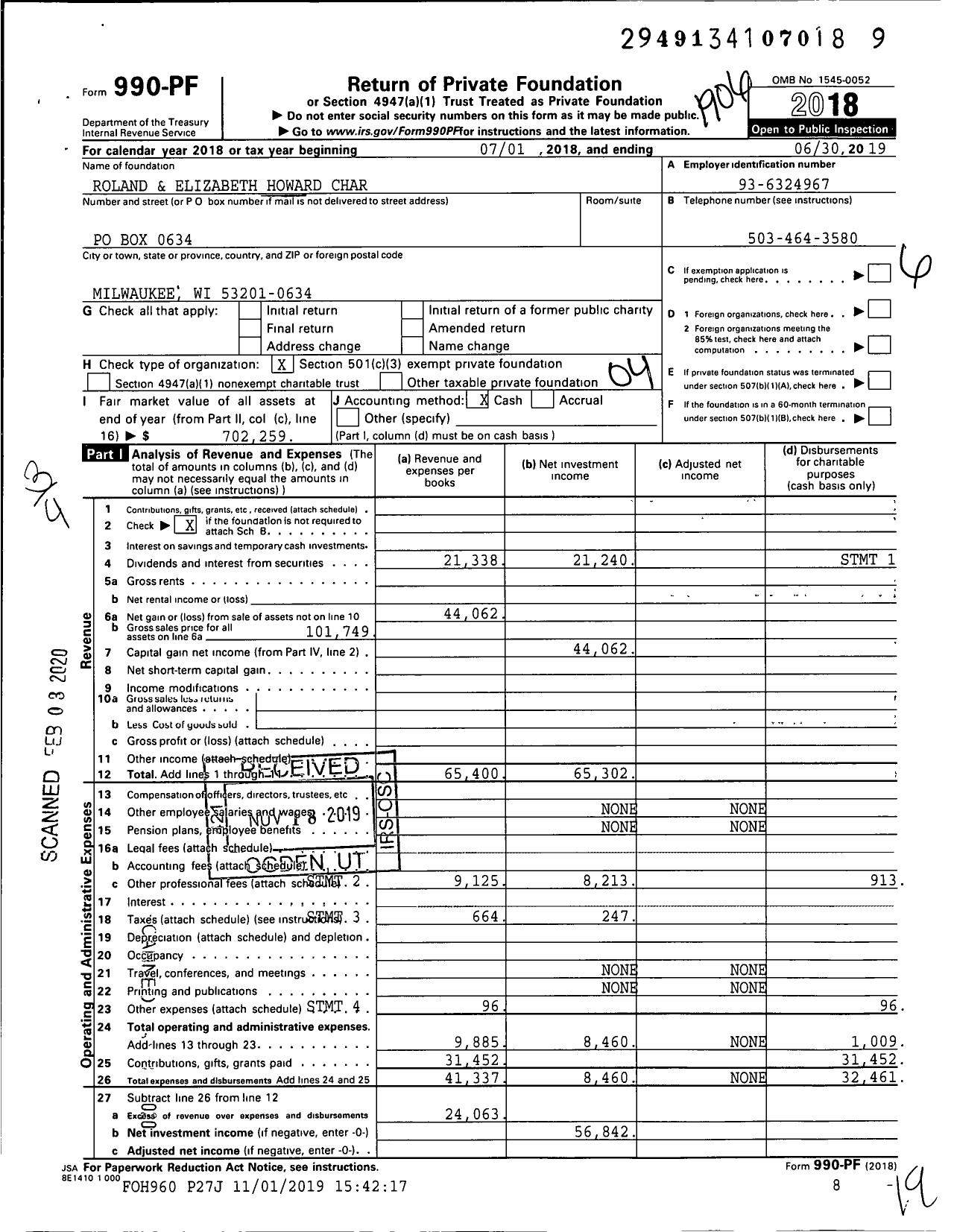 Image of first page of 2018 Form 990PF for Roland and Elizabeth Howard Charitable