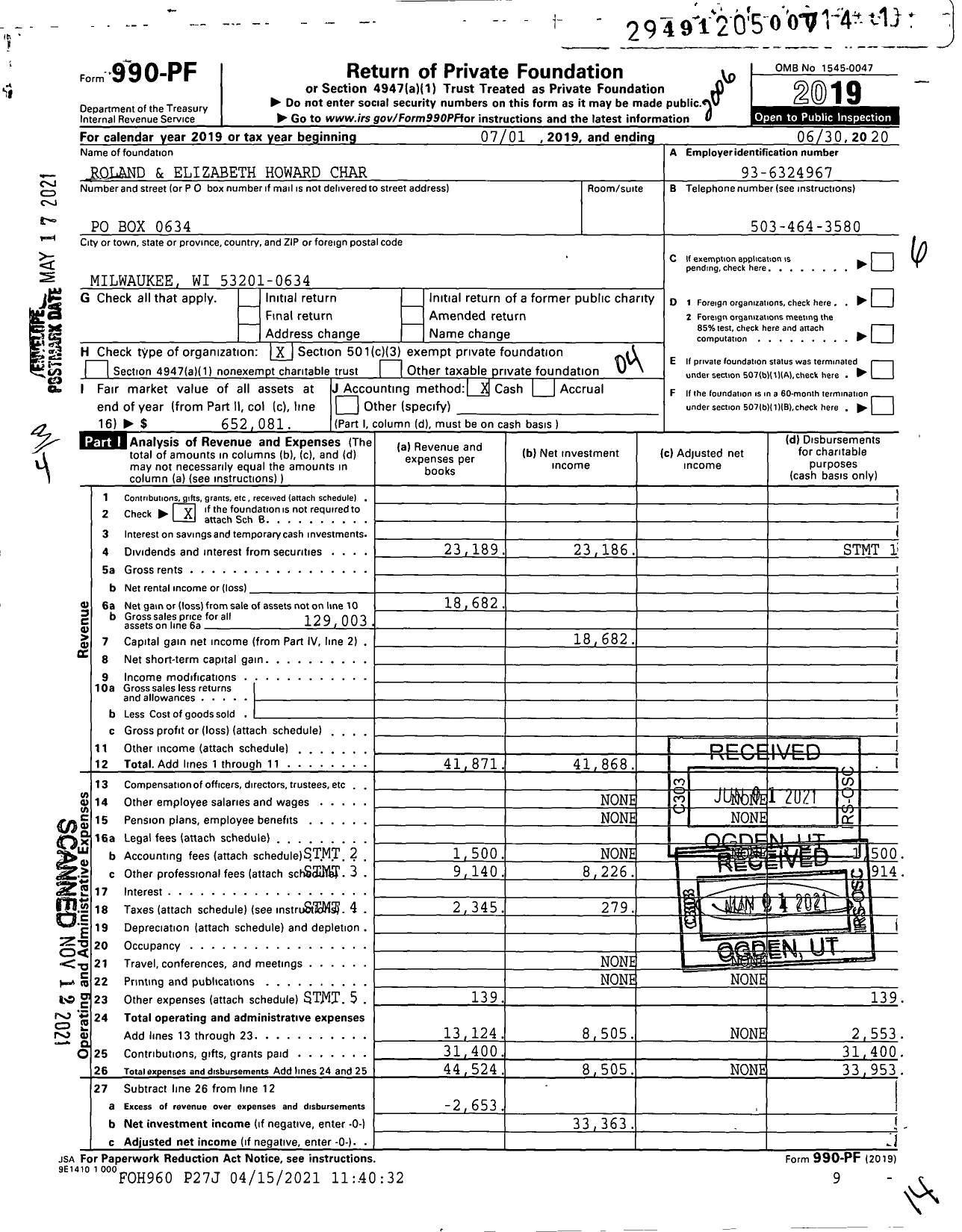Image of first page of 2019 Form 990PF for Roland and Elizabeth Howard Charitable