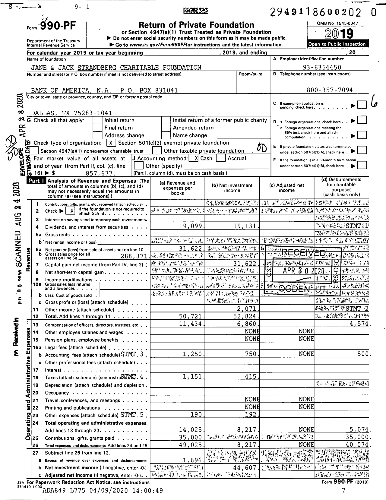 Image of first page of 2019 Form 990PR for Jane and Jack Strandberg Charitable Foundation