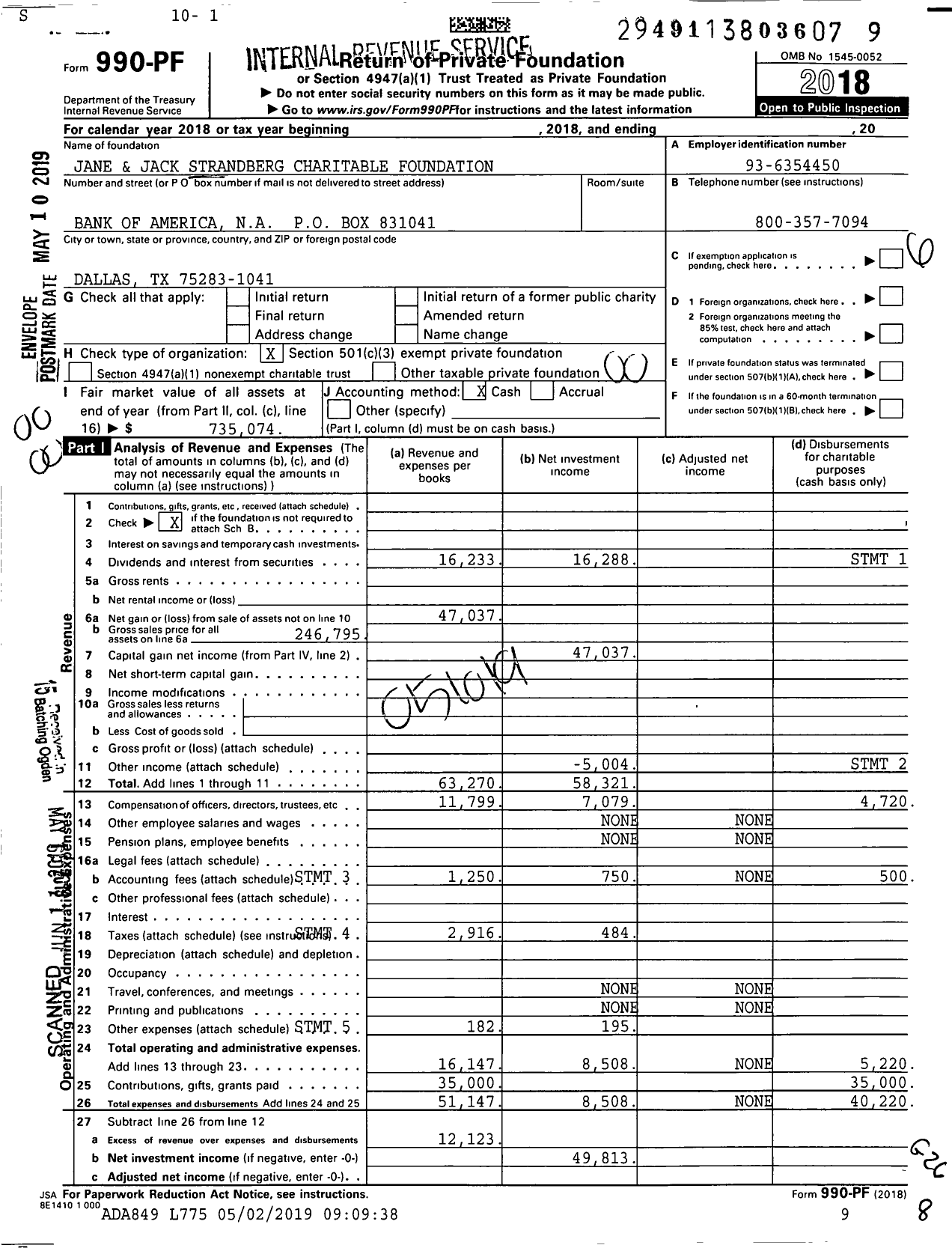 Image of first page of 2018 Form 990PF for Jane and Jack Strandberg Charitable Foundation