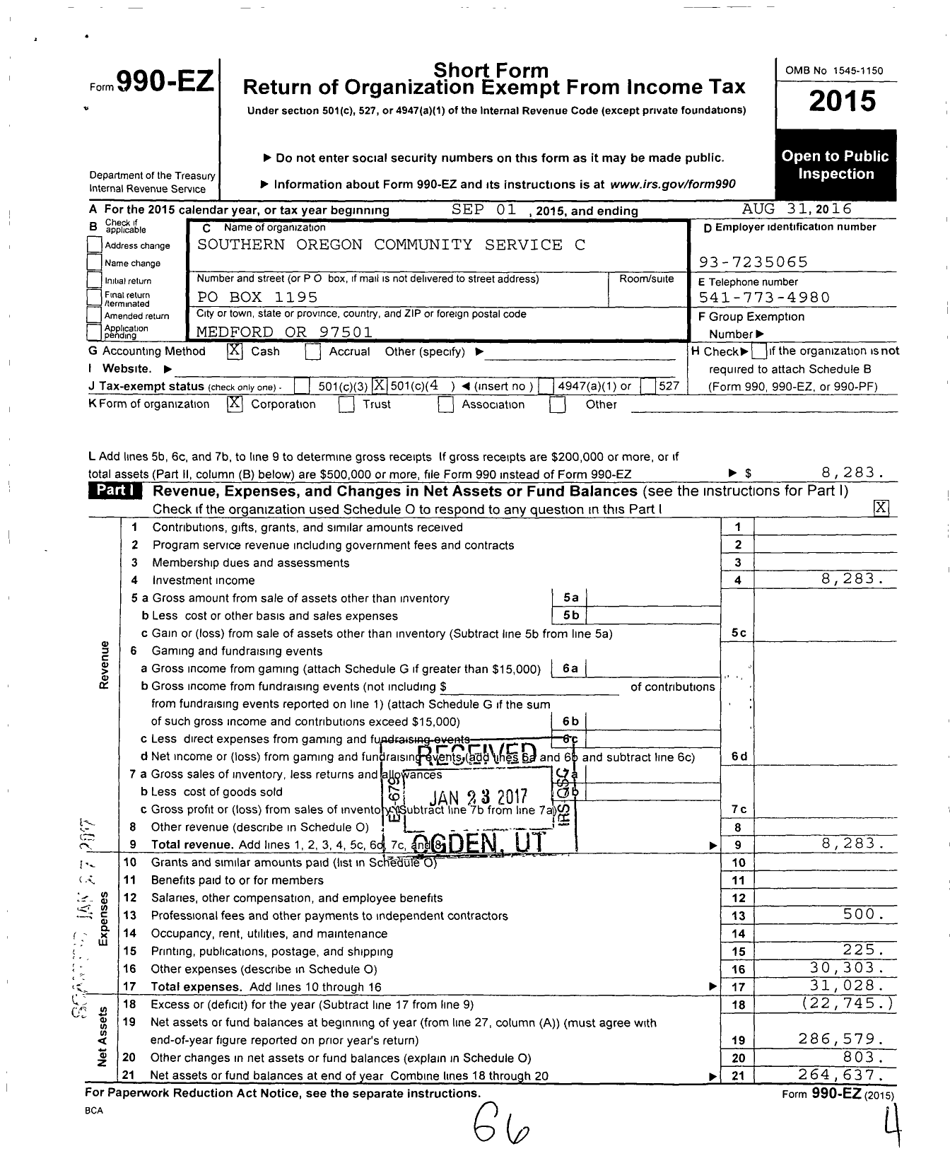 Image of first page of 2015 Form 990EO for Southern Oregon Community Service C