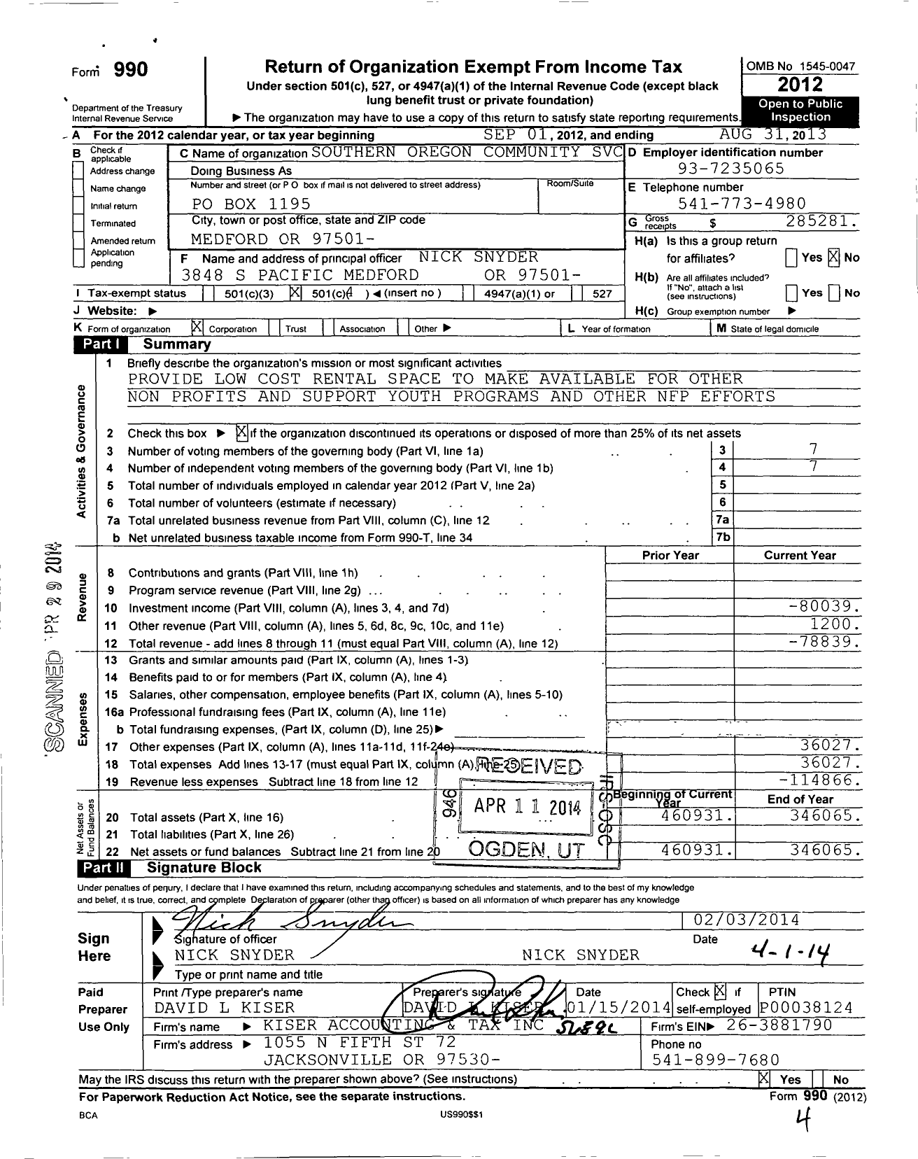 Image of first page of 2012 Form 990O for Southern Oregon Community Service C