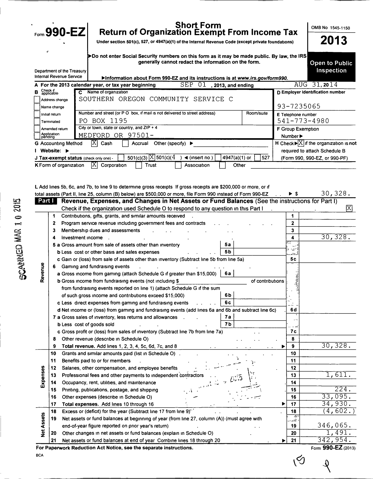 Image of first page of 2013 Form 990EO for Southern Oregon Community Service C