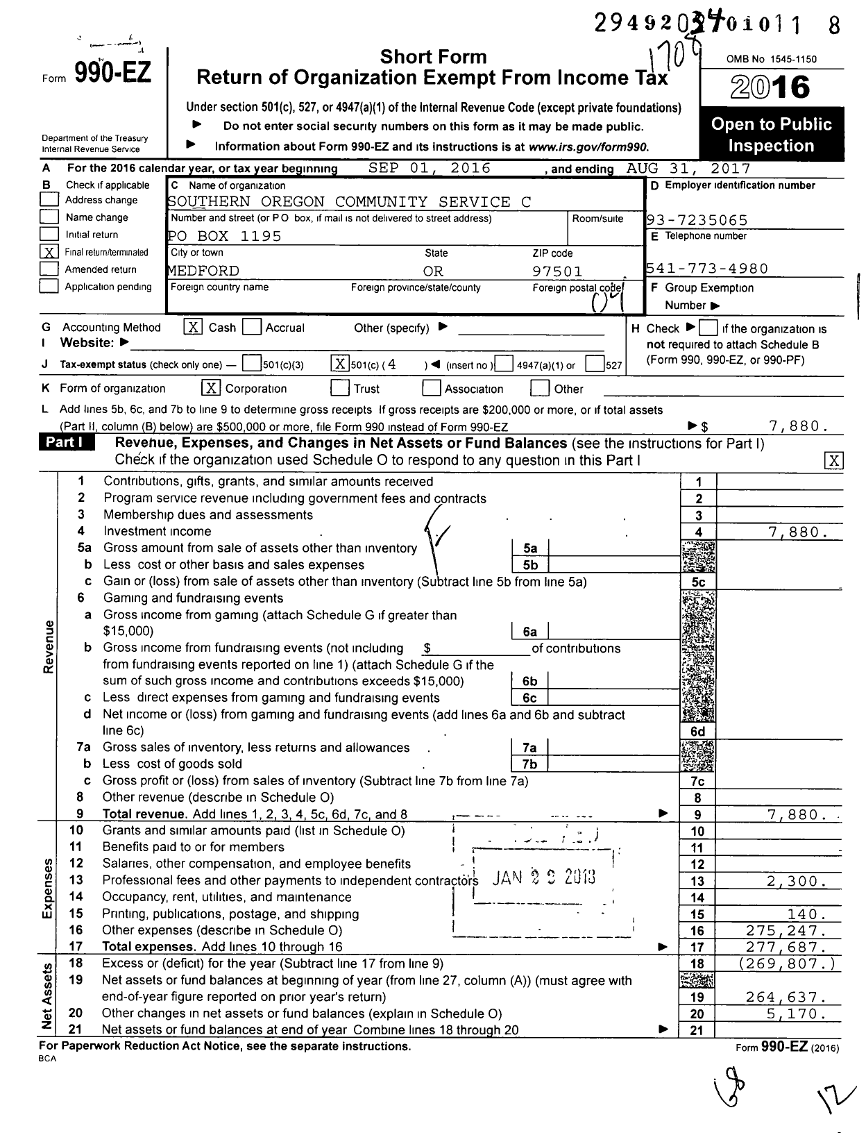 Image of first page of 2016 Form 990EO for Southern Oregon Community Service C