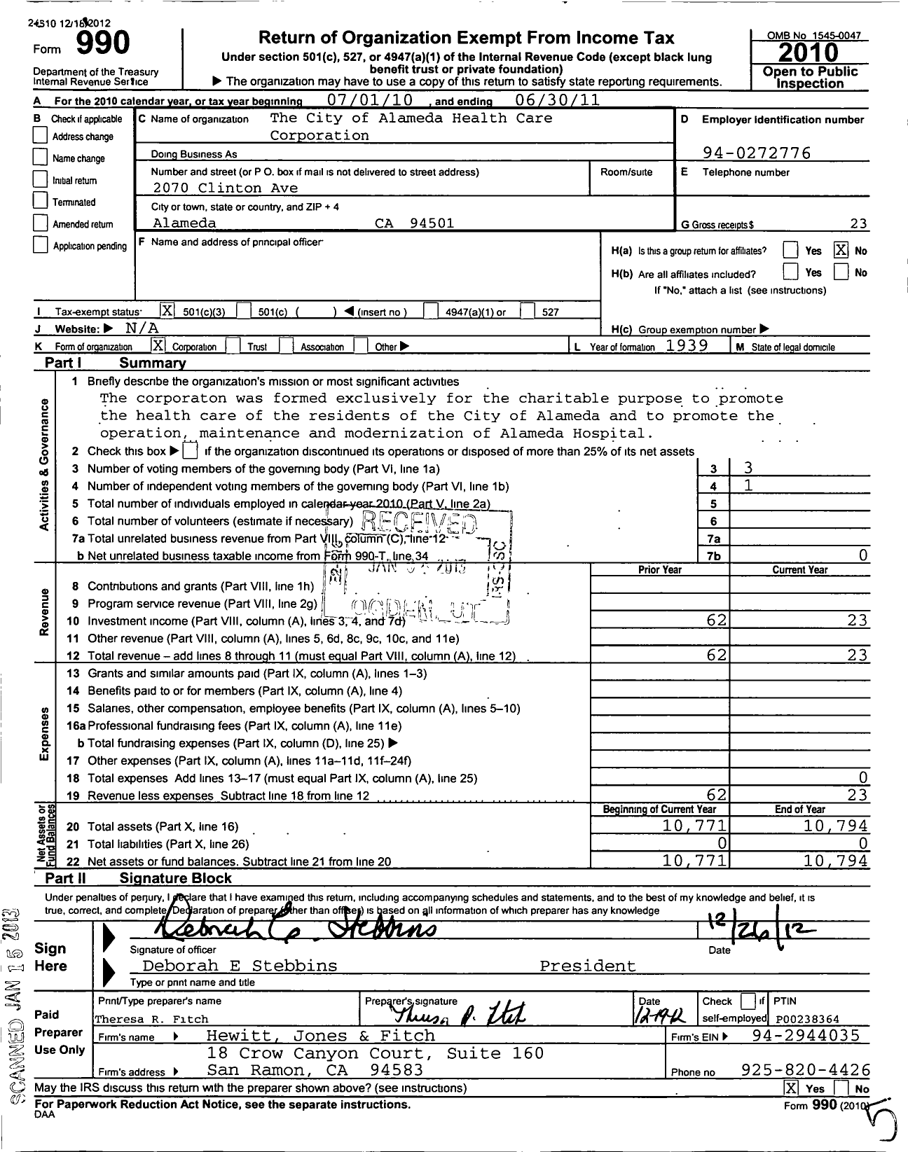 Image of first page of 2010 Form 990 for City of Alameda Health Care Corporation