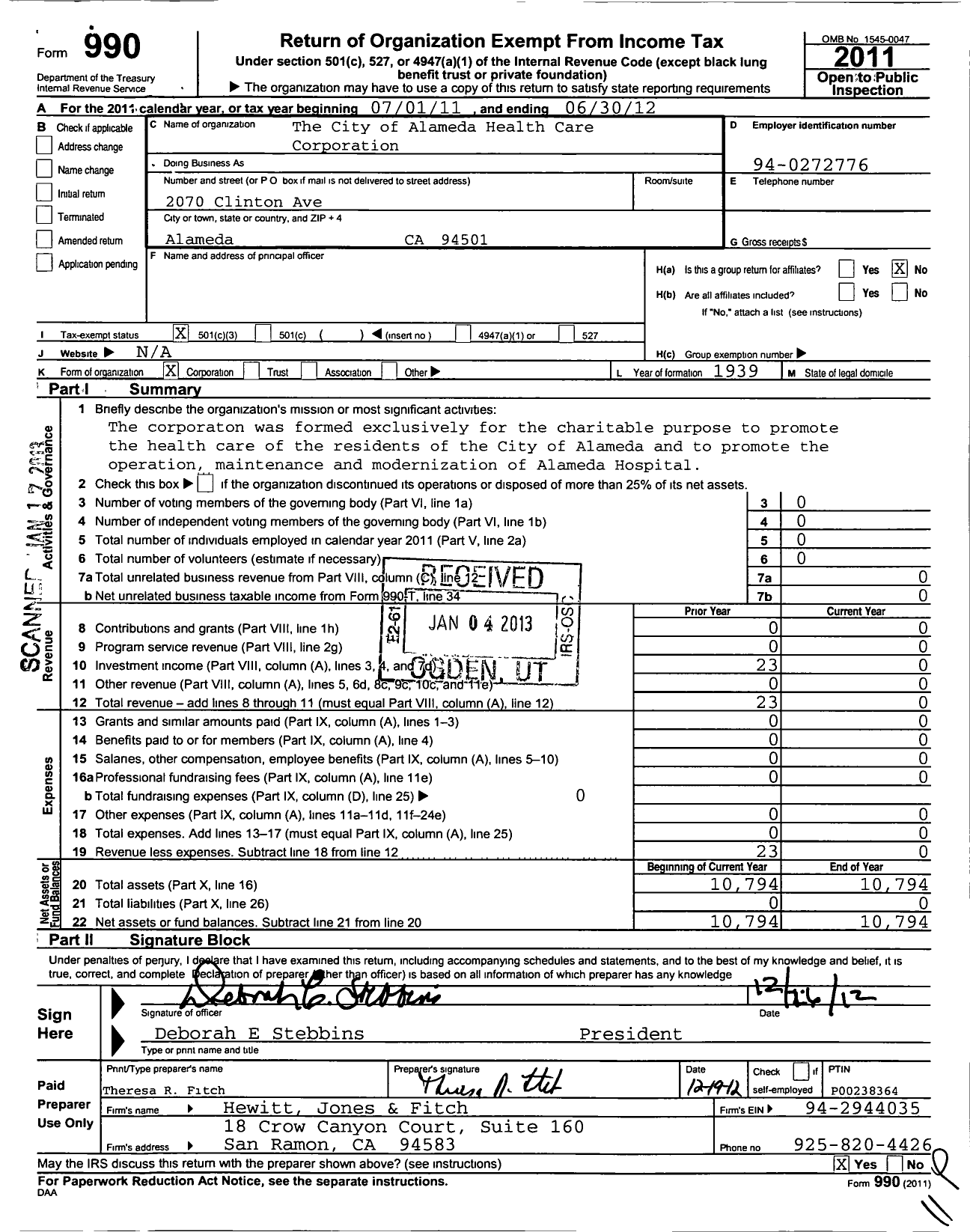 Image of first page of 2011 Form 990 for City of Alameda Health Care Corporation