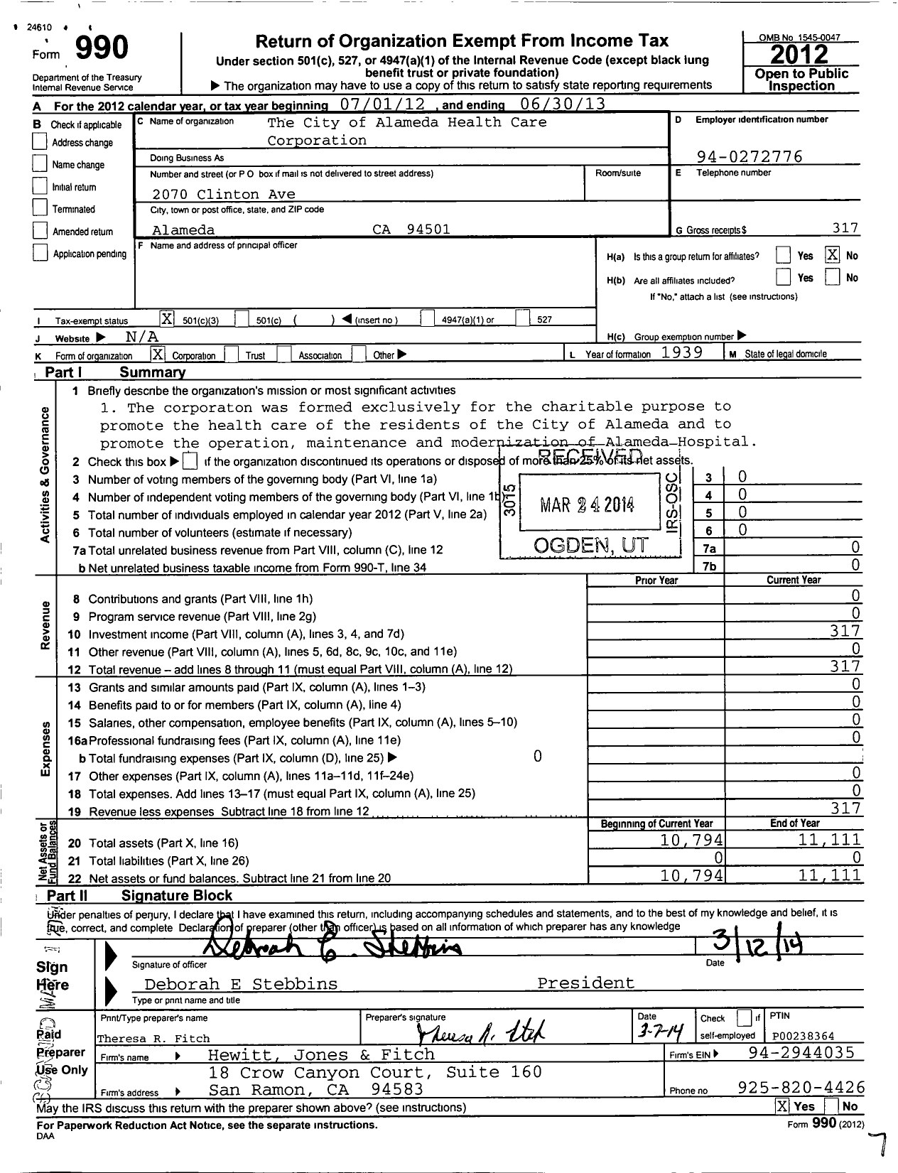 Image of first page of 2012 Form 990 for City of Alameda Health Care Corporation