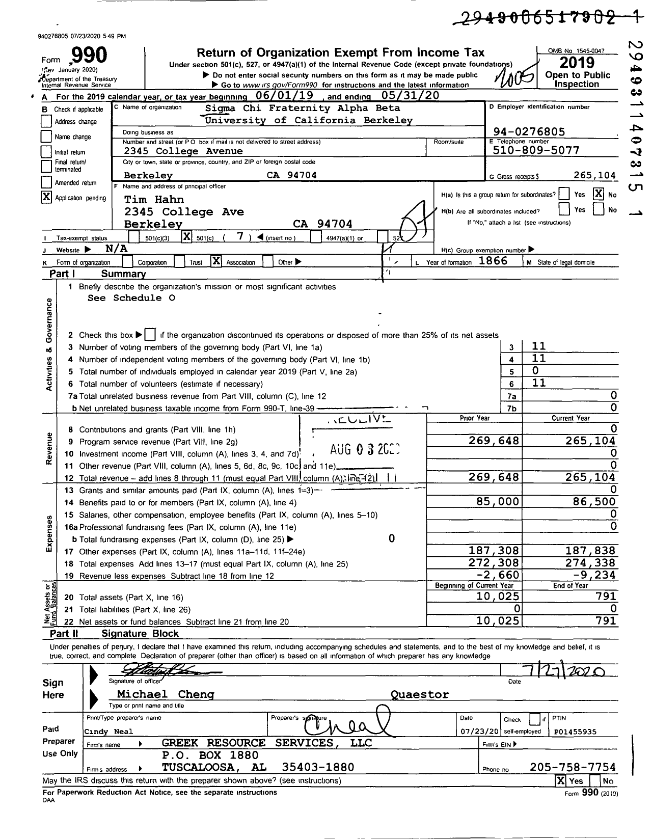 Image of first page of 2019 Form 990O for Sigma Chi Fraternity Alpha Beta University of California Berkeley