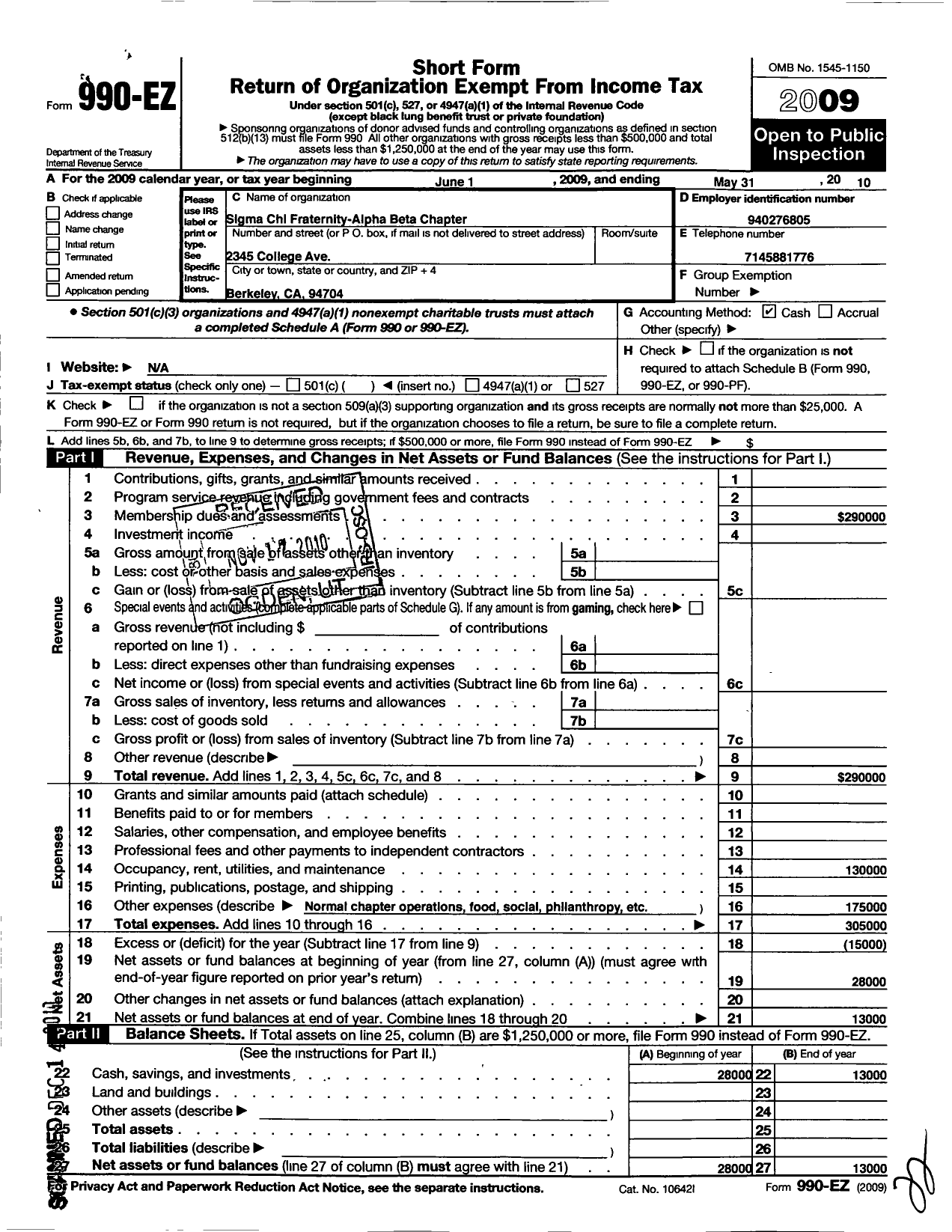 Image of first page of 2009 Form 990EO for Sigma Chi Fraternity Alpha Beta University of California Berkeley