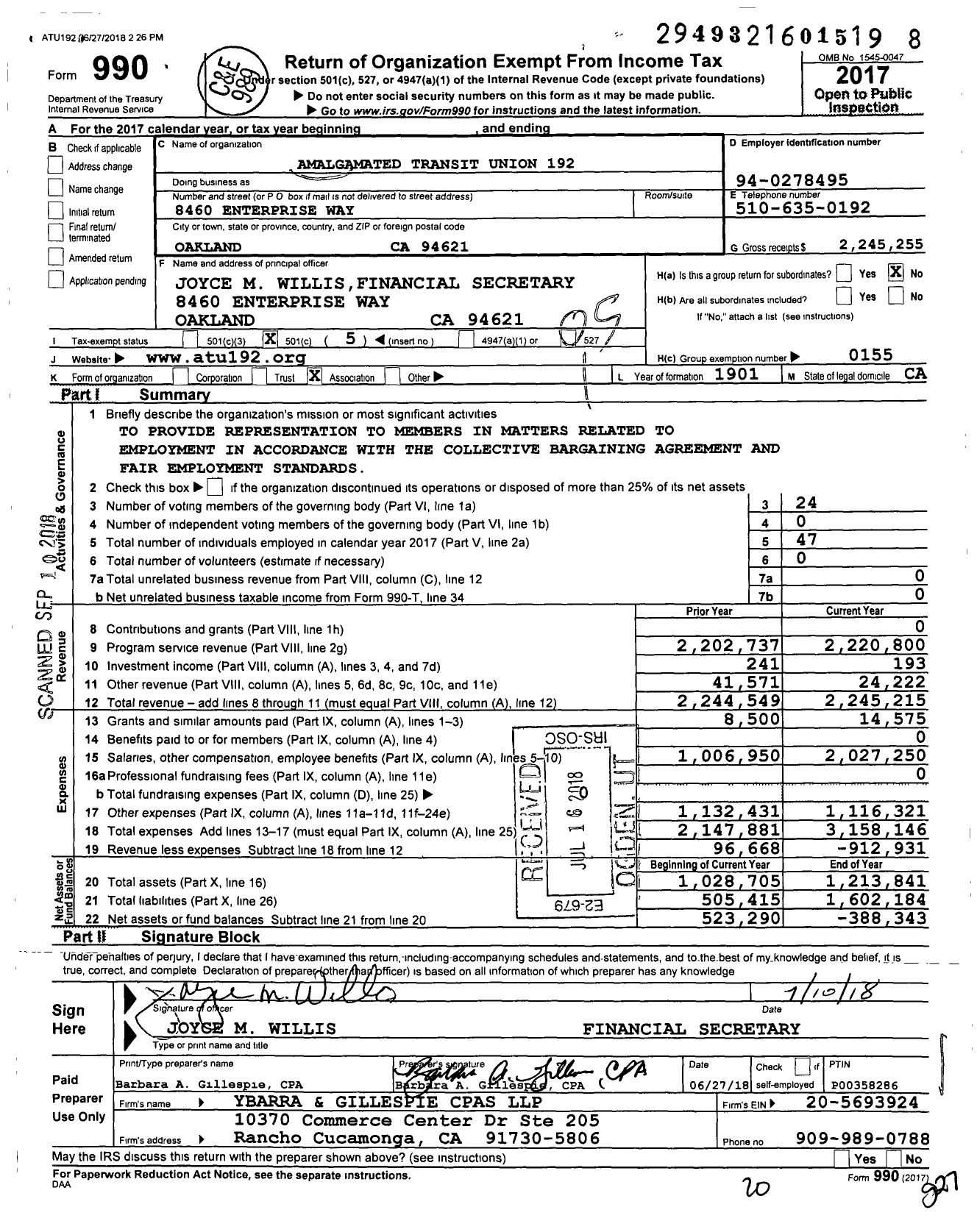 Image of first page of 2017 Form 990O for Amalgamated Transit Union - 192 Local