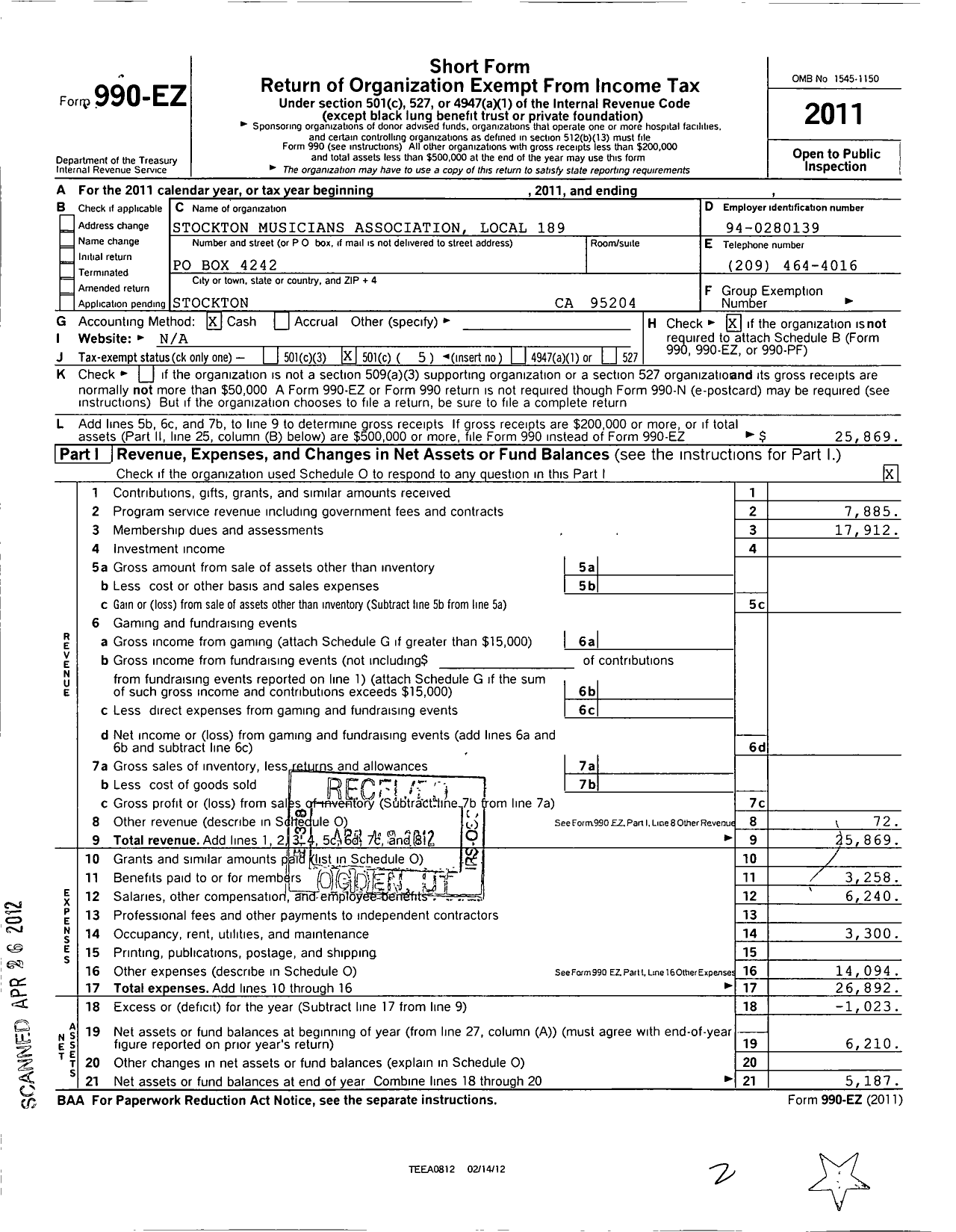 Image of first page of 2011 Form 990EO for American Federation of Musicians - 189 Local Stockton