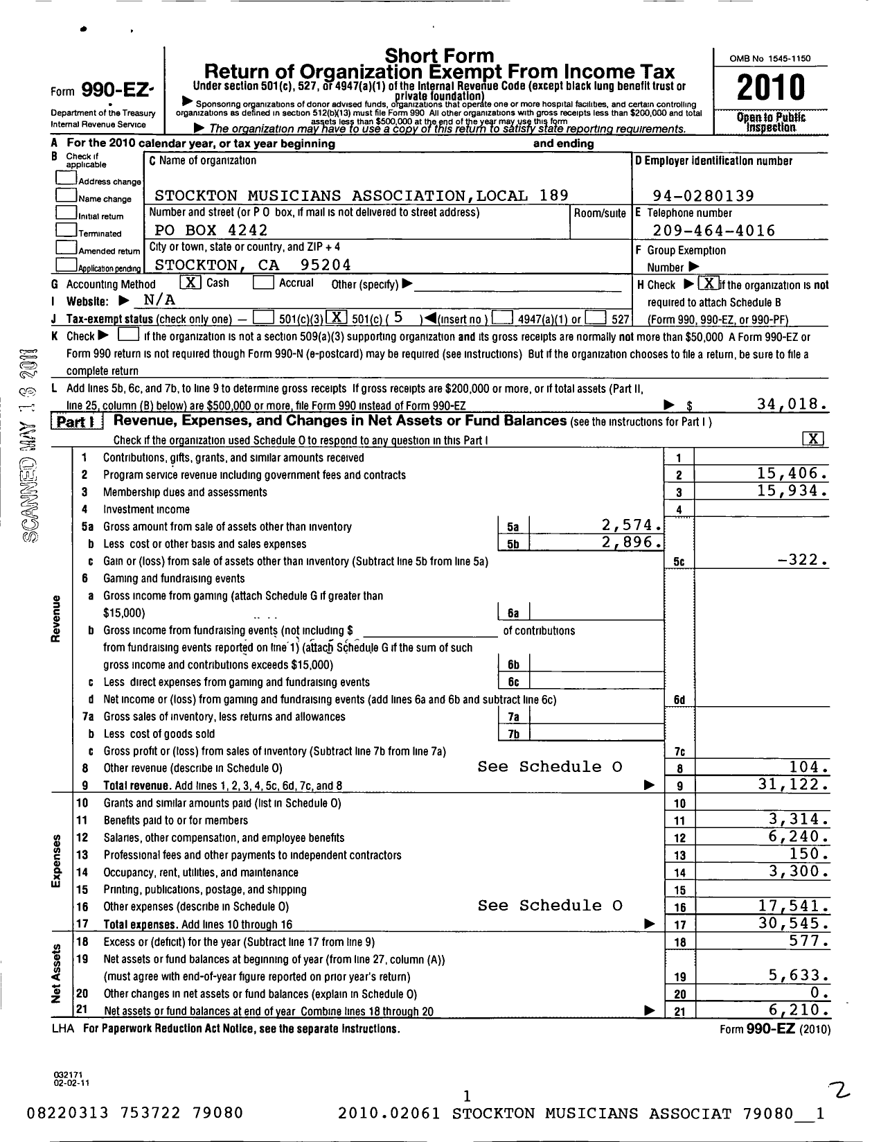 Image of first page of 2010 Form 990EO for American Federation of Musicians - 189 Local Stockton