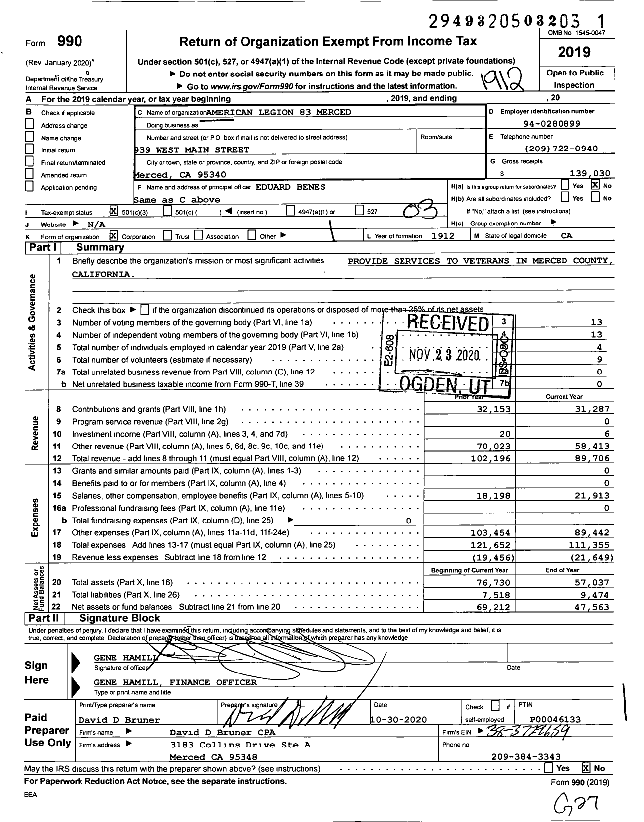 Image of first page of 2019 Form 990 for American Legion - 83 Merced