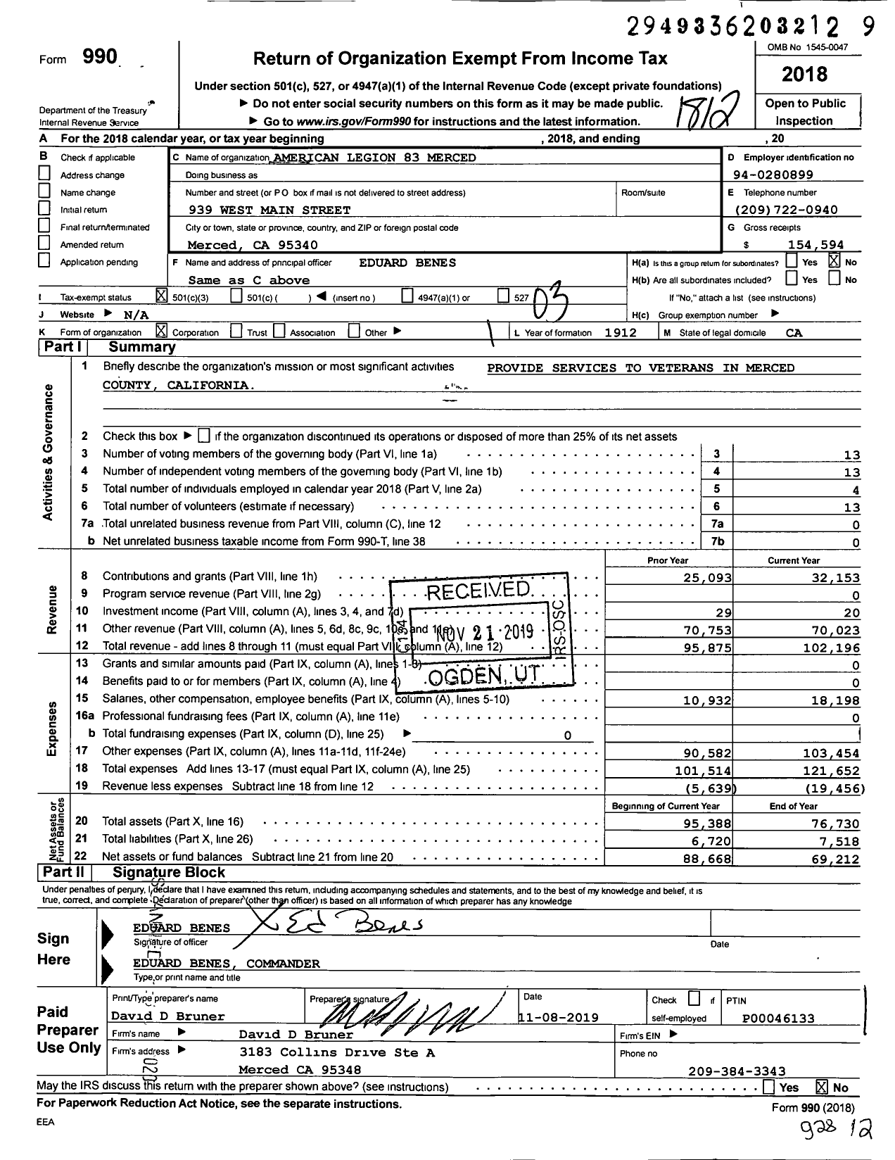 Image of first page of 2018 Form 990 for American Legion - 83 Merced