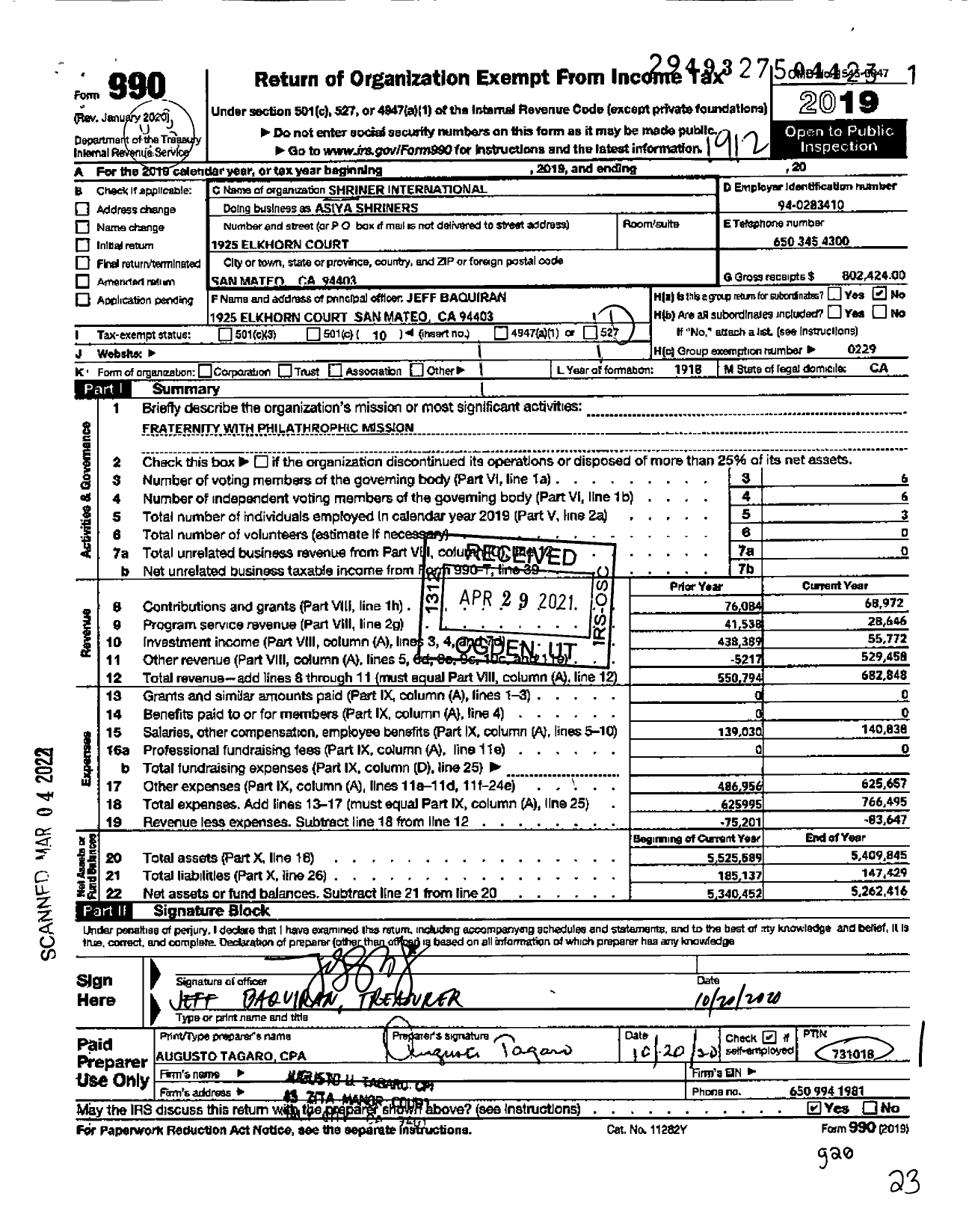 Image of first page of 2019 Form 990O for Shriners International - Asiya Shriners