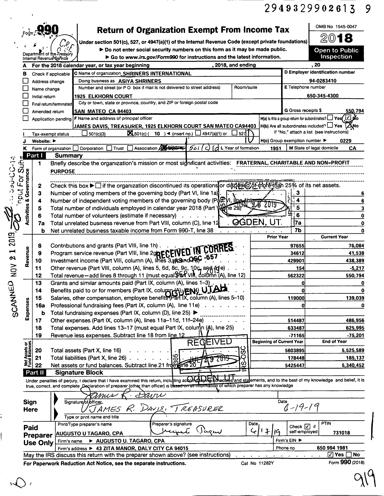 Image of first page of 2018 Form 990O for Shriners International - Asiya Shriners