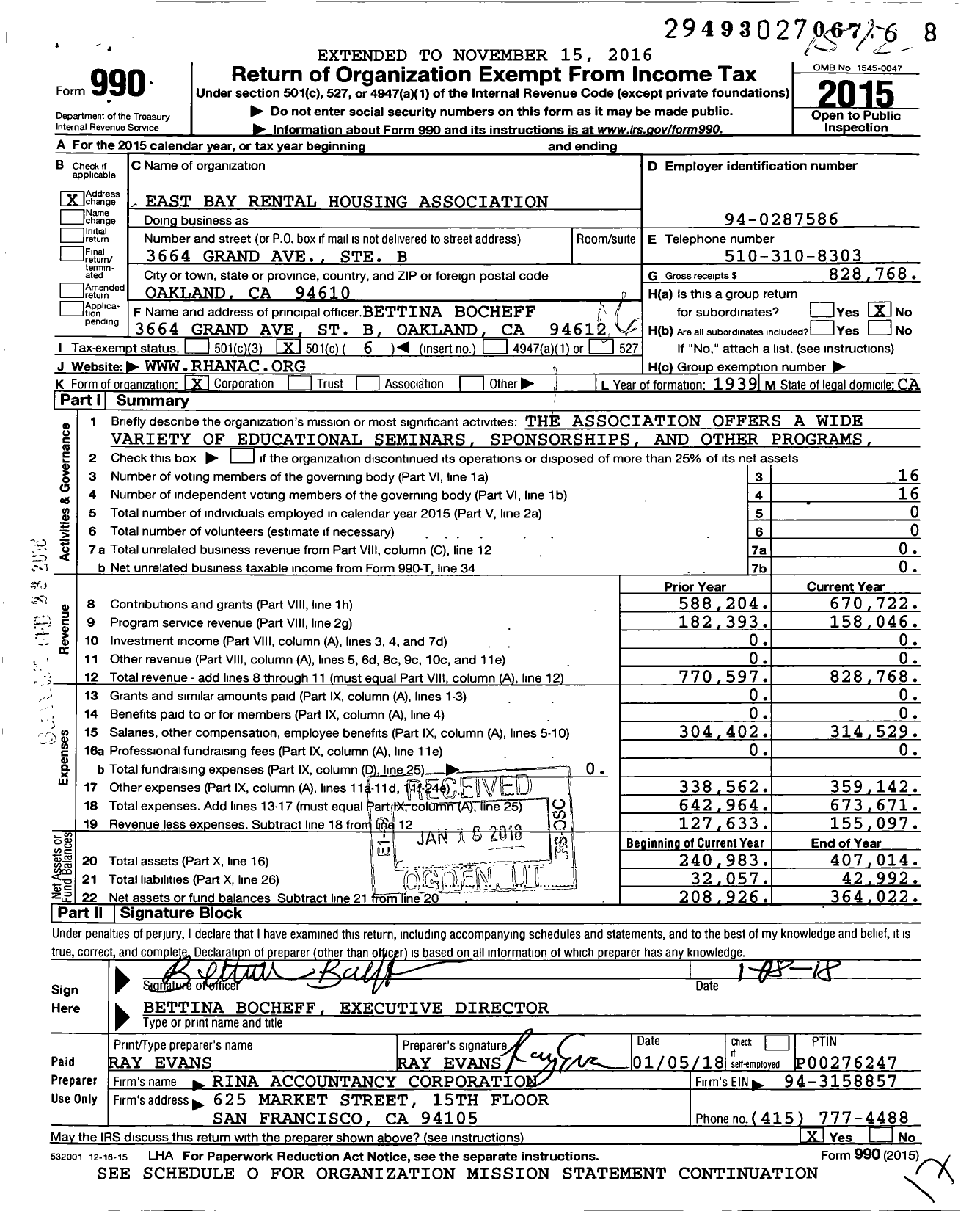 Image of first page of 2015 Form 990O for East Bay Rental Housing Association