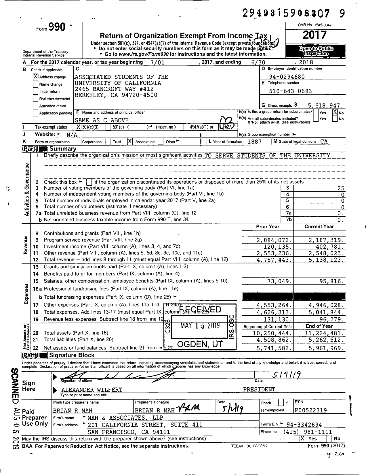 Image of first page of 2017 Form 990 for Associated Students of the University of California