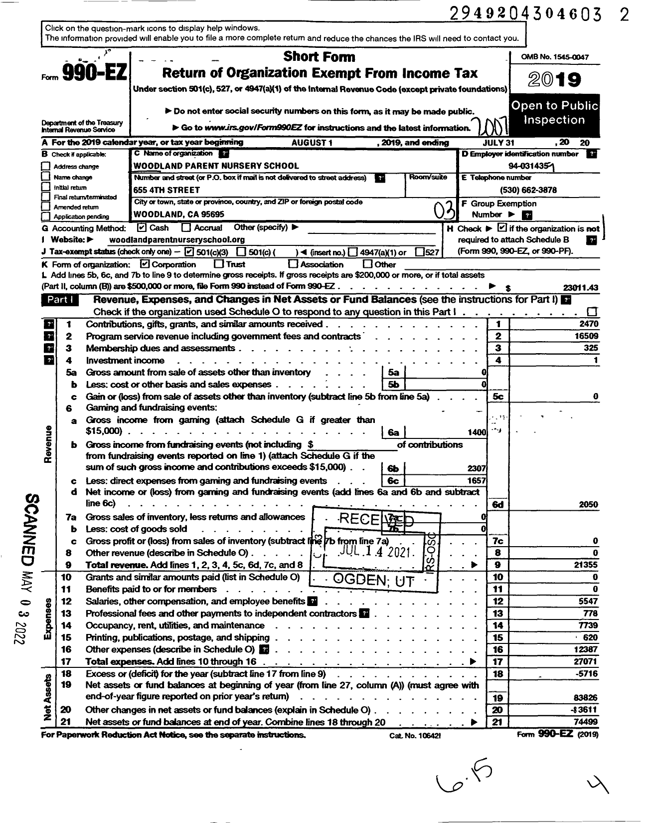 Image of first page of 2019 Form 990EZ for Woodland Parent Nursery School