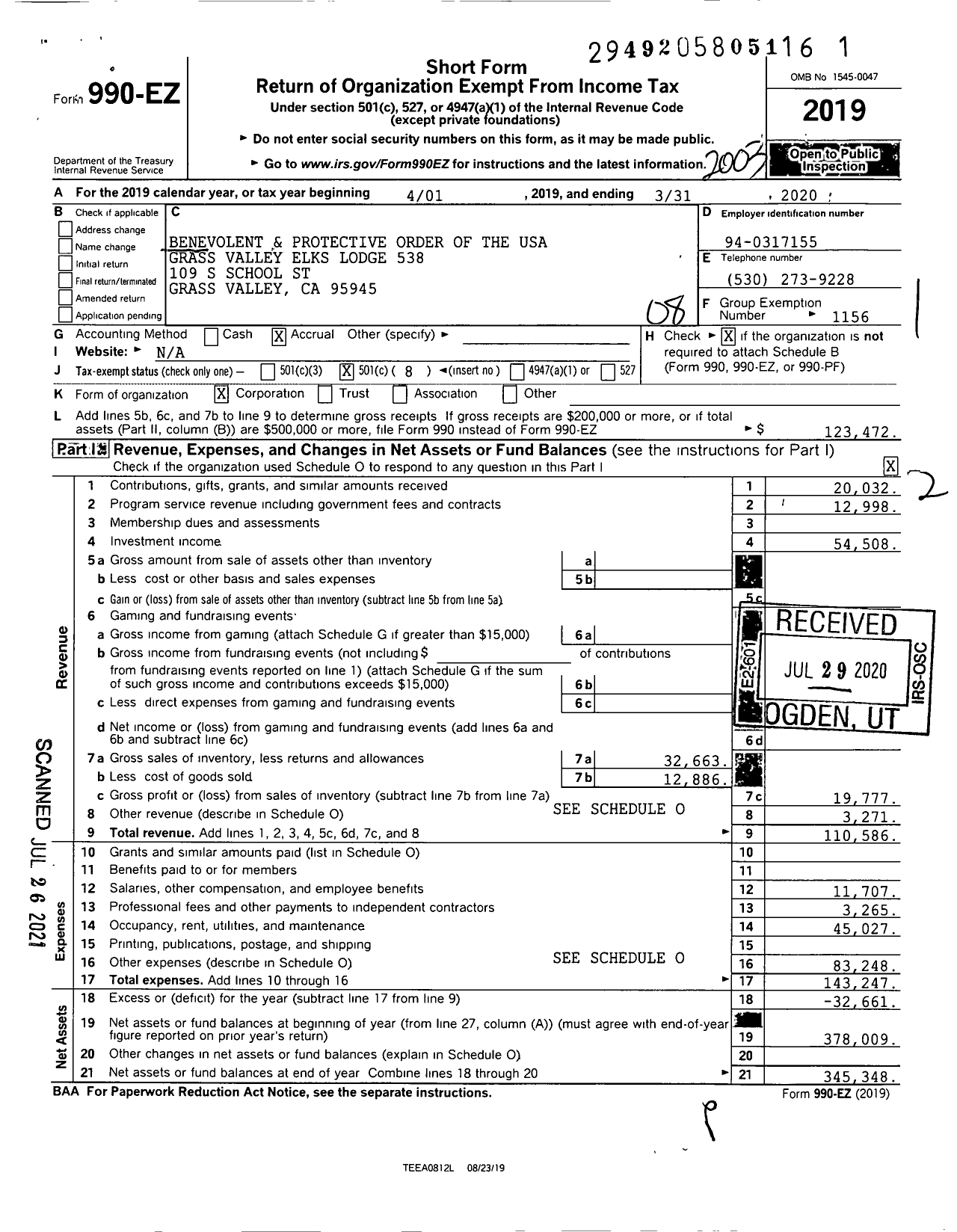 Image of first page of 2019 Form 990EO for Benevolent and Protective Order of Elks - 0538 Grass Valley