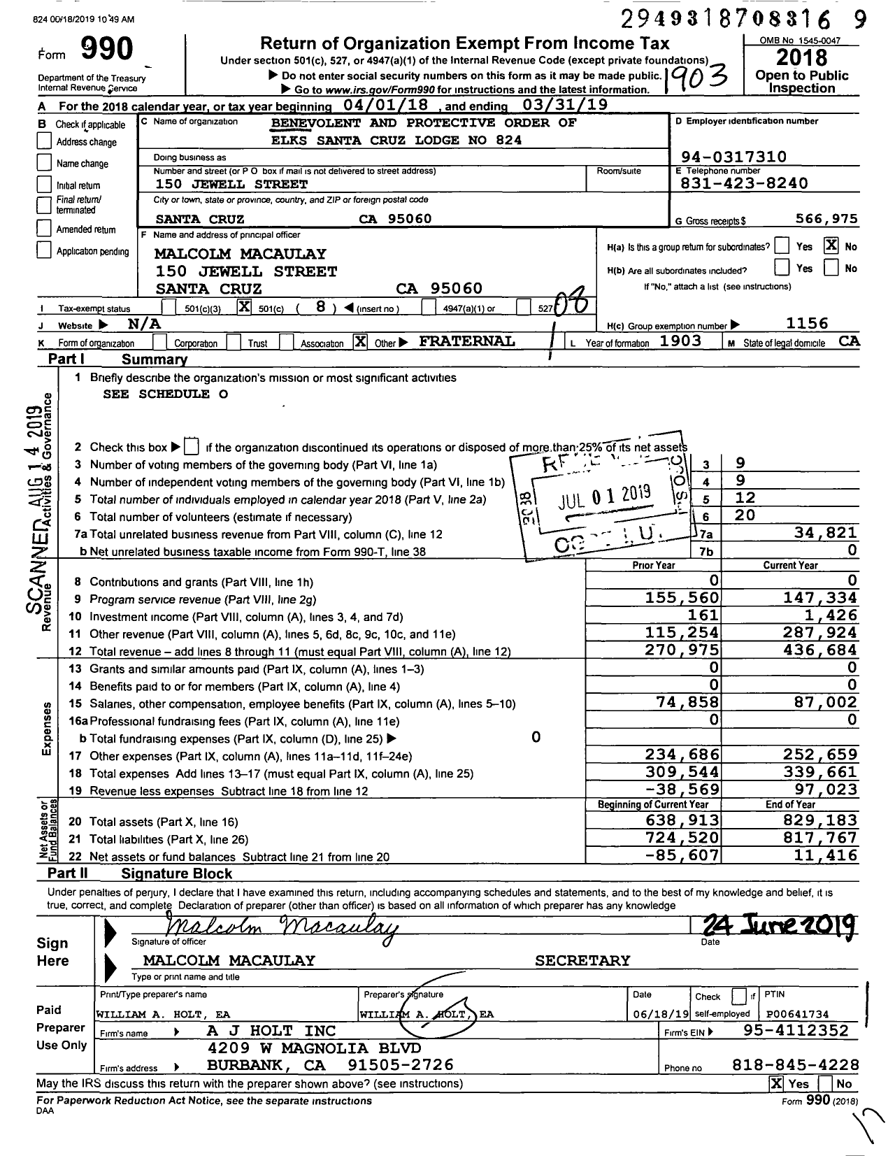 Image of first page of 2018 Form 990O for Benevolent and Protective Order of Elks - 824 Santa Cruz