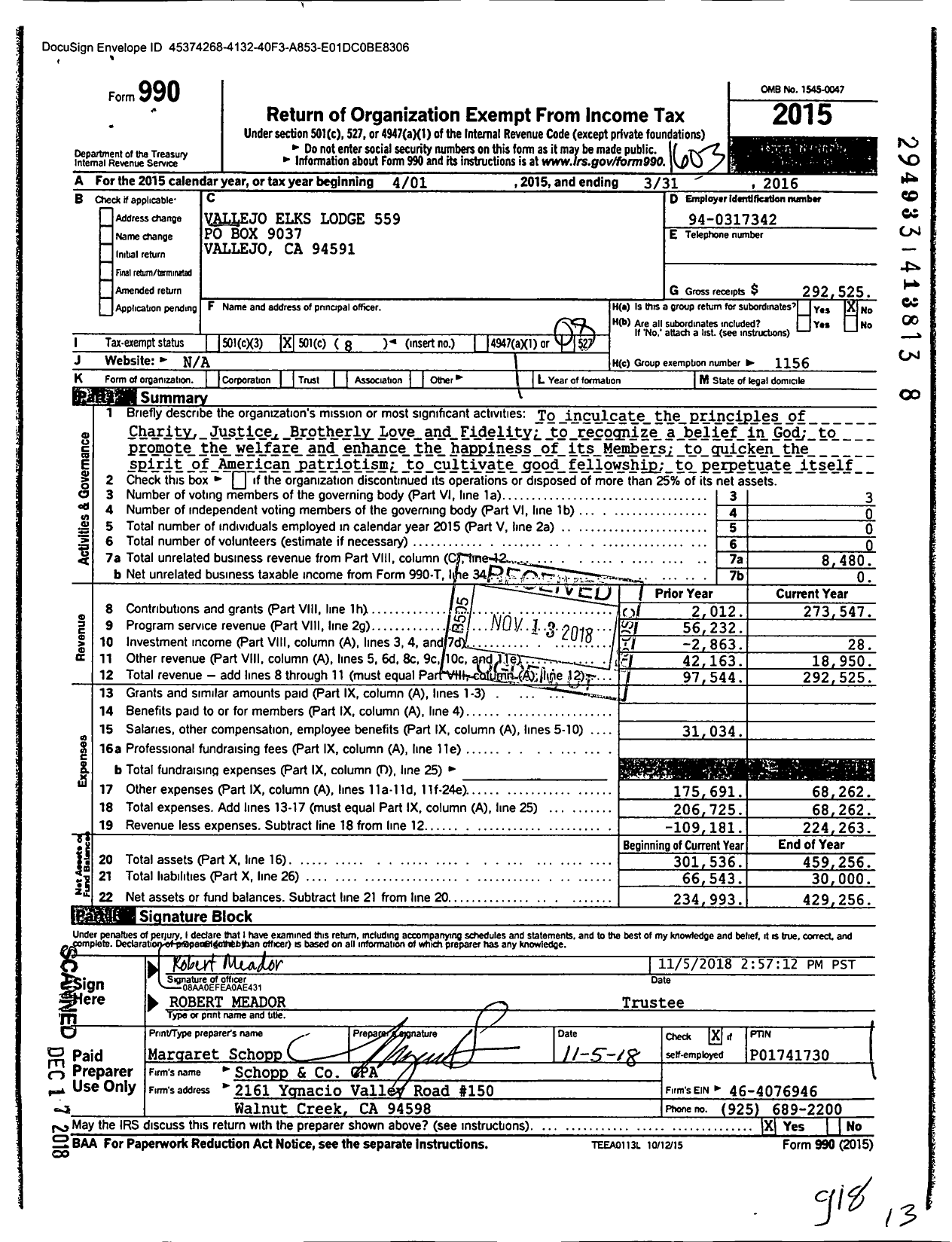 Image of first page of 2015 Form 990O for Benevolent and Protective Order of Elks - 559 Vallejo