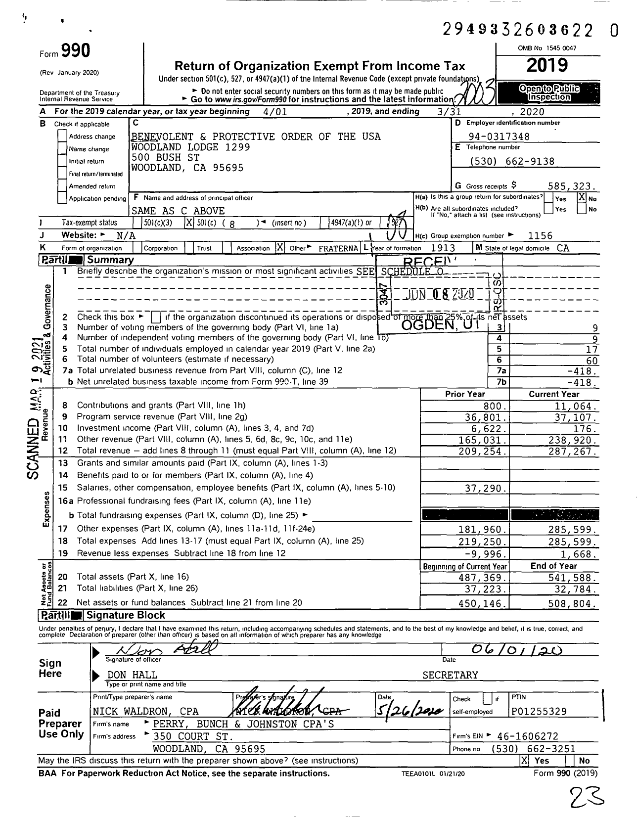 Image of first page of 2019 Form 990O for Benevolent and Protective Order of Elks - 1299 Woodland