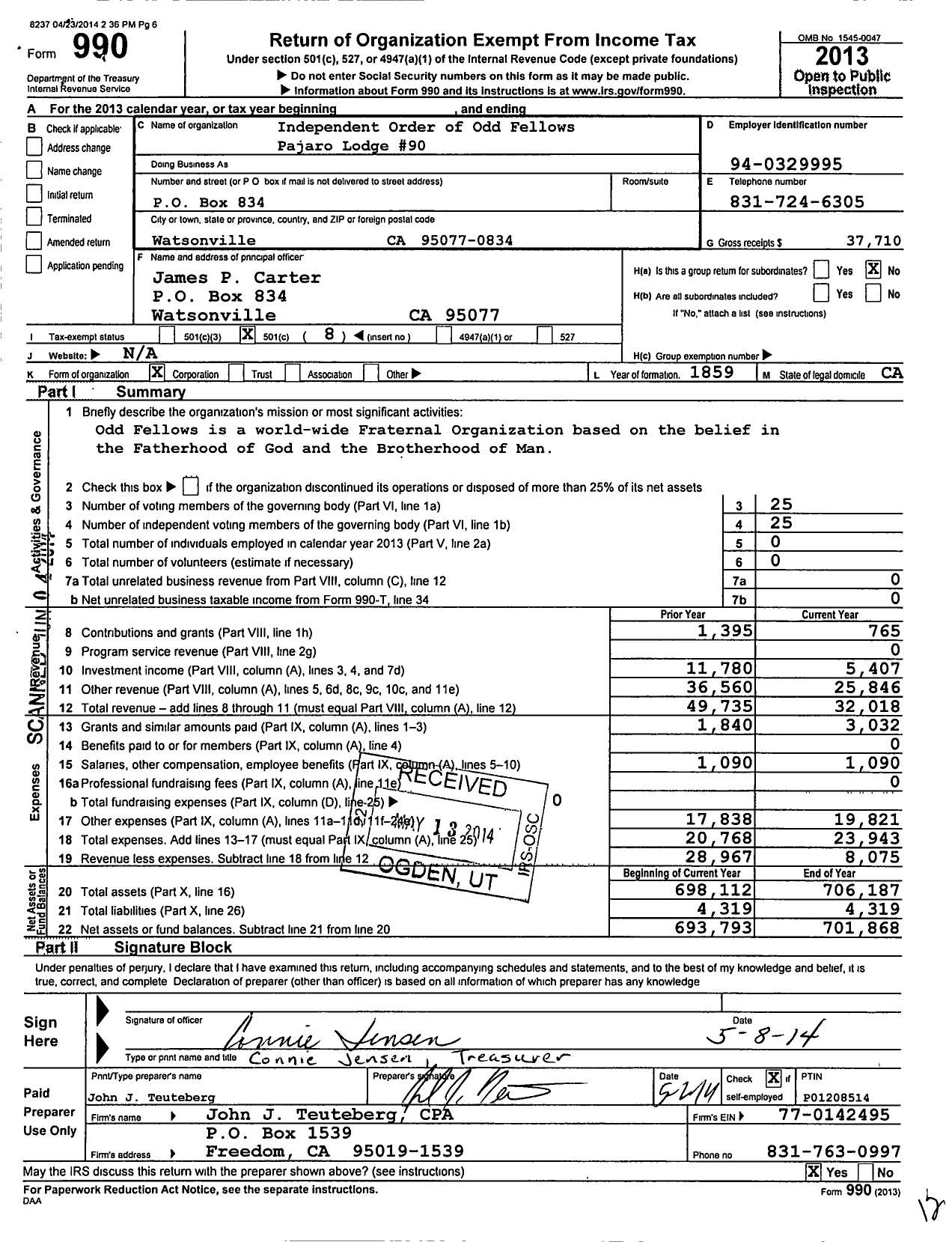 Image of first page of 2013 Form 990O for Independent Order of Odd Fellows - 90 Pajaro Lodge