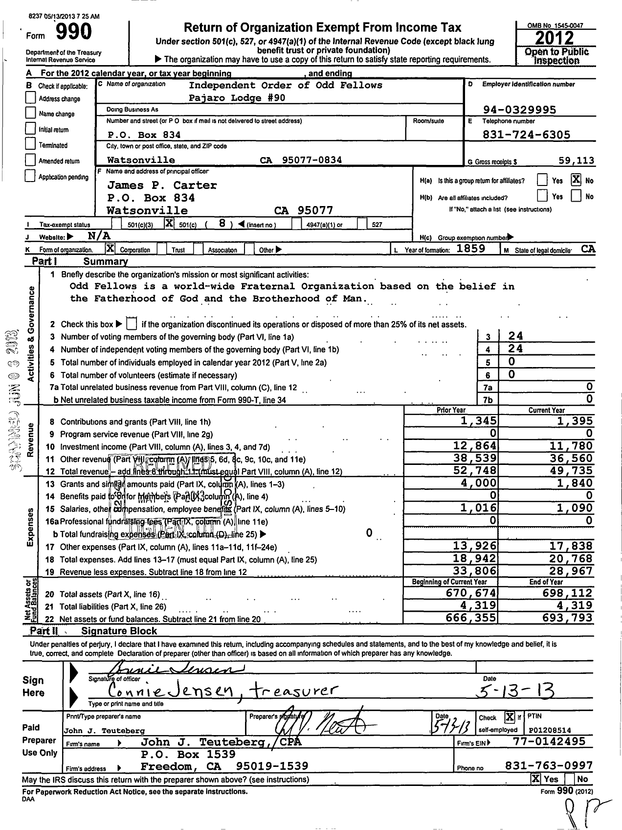 Image of first page of 2012 Form 990O for Independent Order of Odd Fellows - 90 Pajaro Lodge