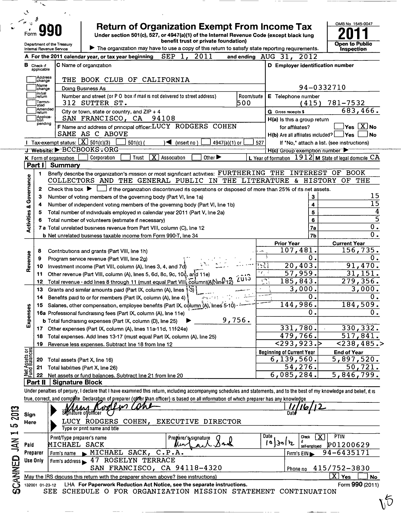 Image of first page of 2011 Form 990 for Book Club of California