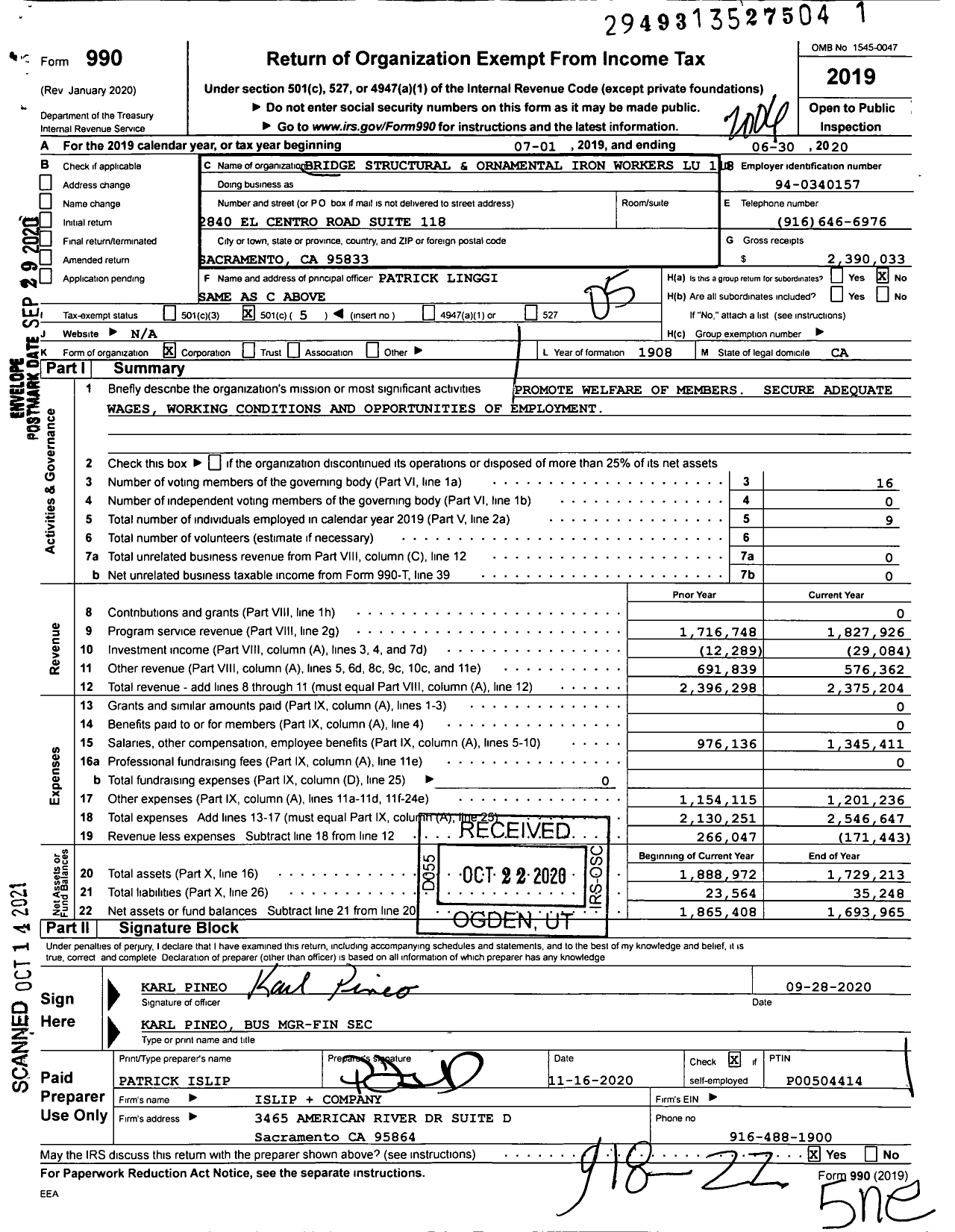 Image of first page of 2019 Form 990O for Bridge Structural and Ornamental Iron Workers Lu 118