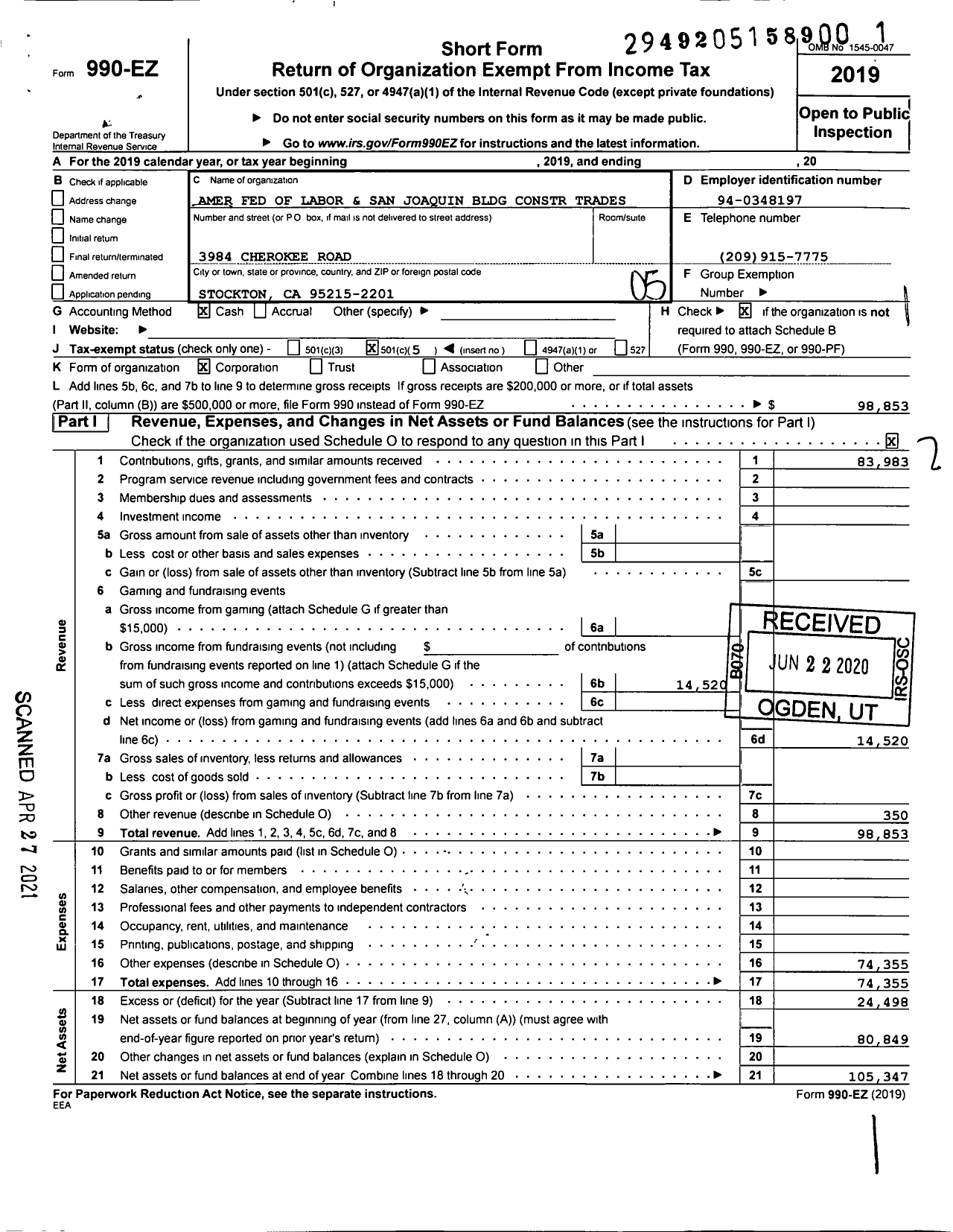 Image of first page of 2019 Form 990EO for AFL-CIO - San Joaquin Bldg Construction TRDS