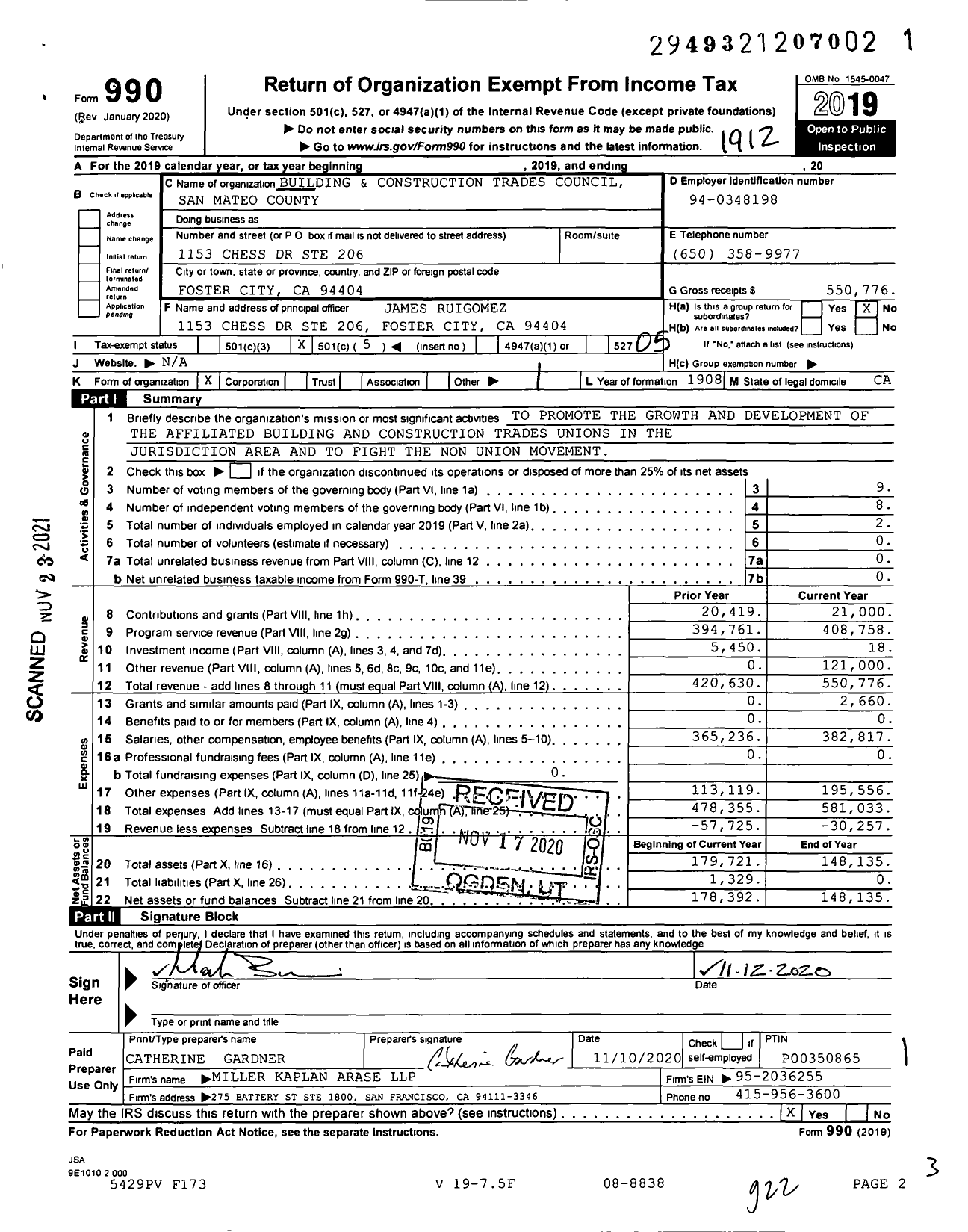 Image of first page of 2019 Form 990O for AFL-CIO - San Mateo Building & Constr TRDS