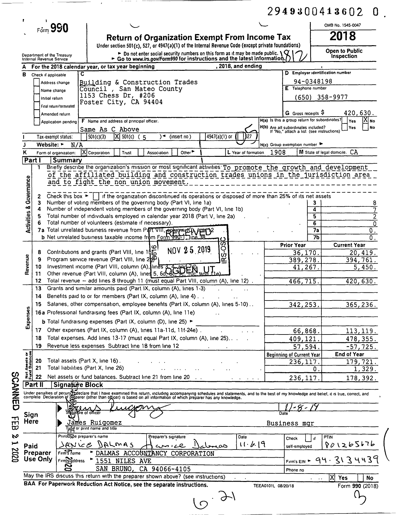 Image of first page of 2018 Form 990O for AFL-CIO - San Mateo Building & Constr TRDS