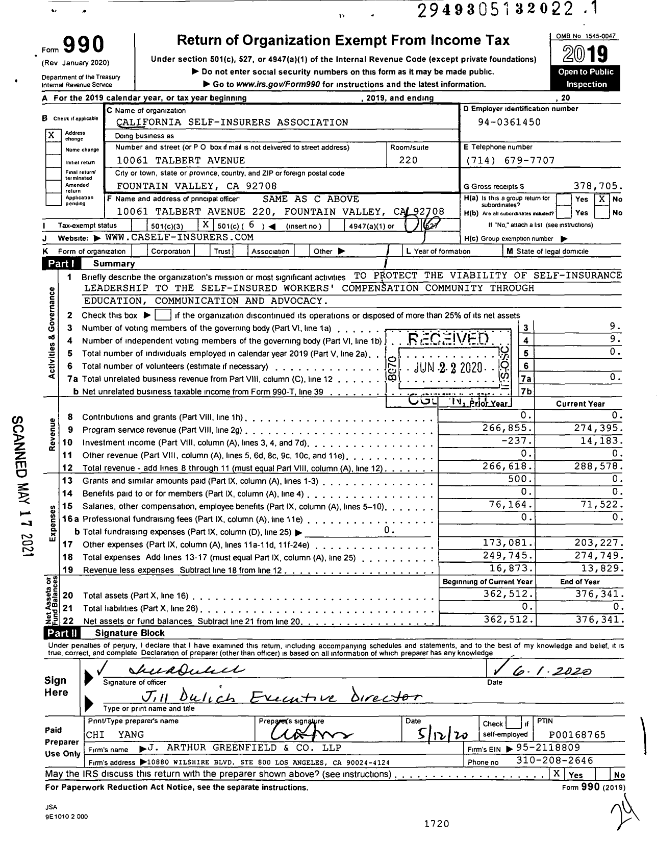 Image of first page of 2019 Form 990O for California Self-Insurers Association