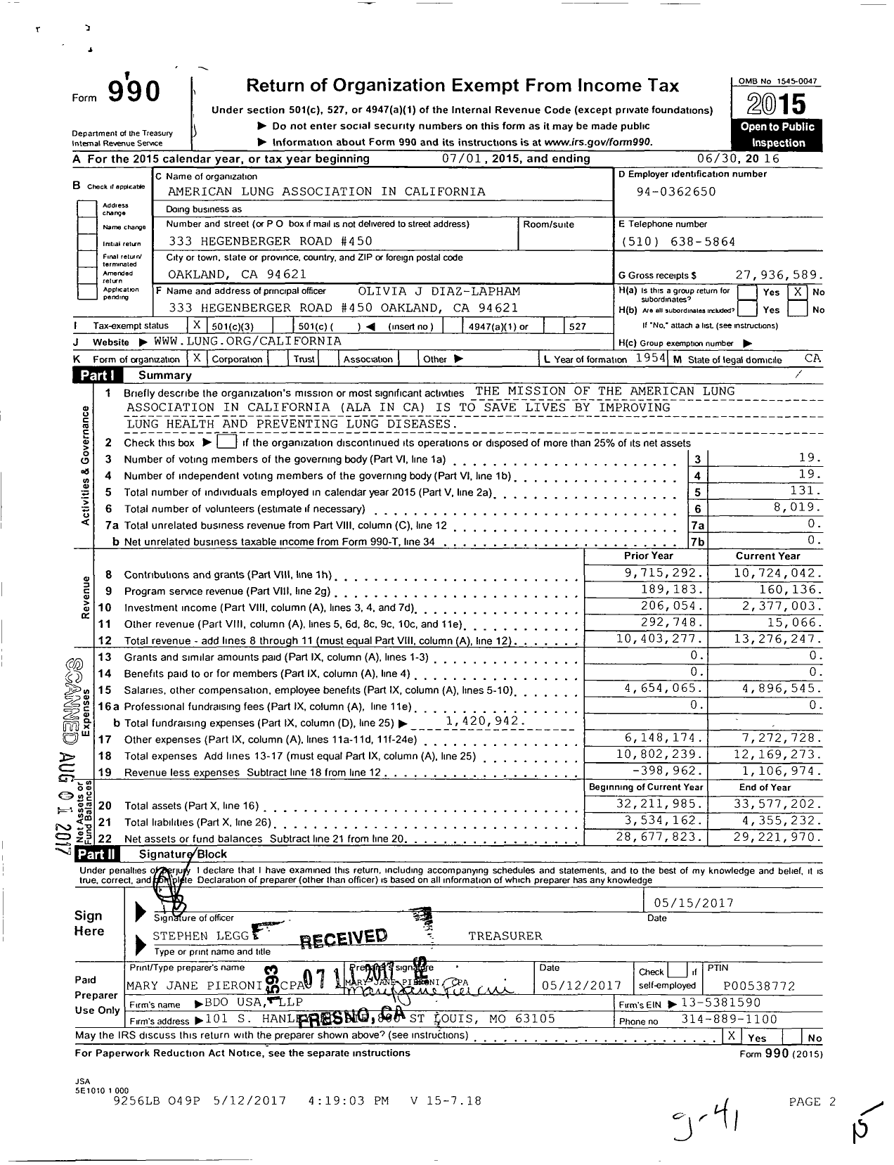 Image of first page of 2015 Form 990 for American Lung Association in California