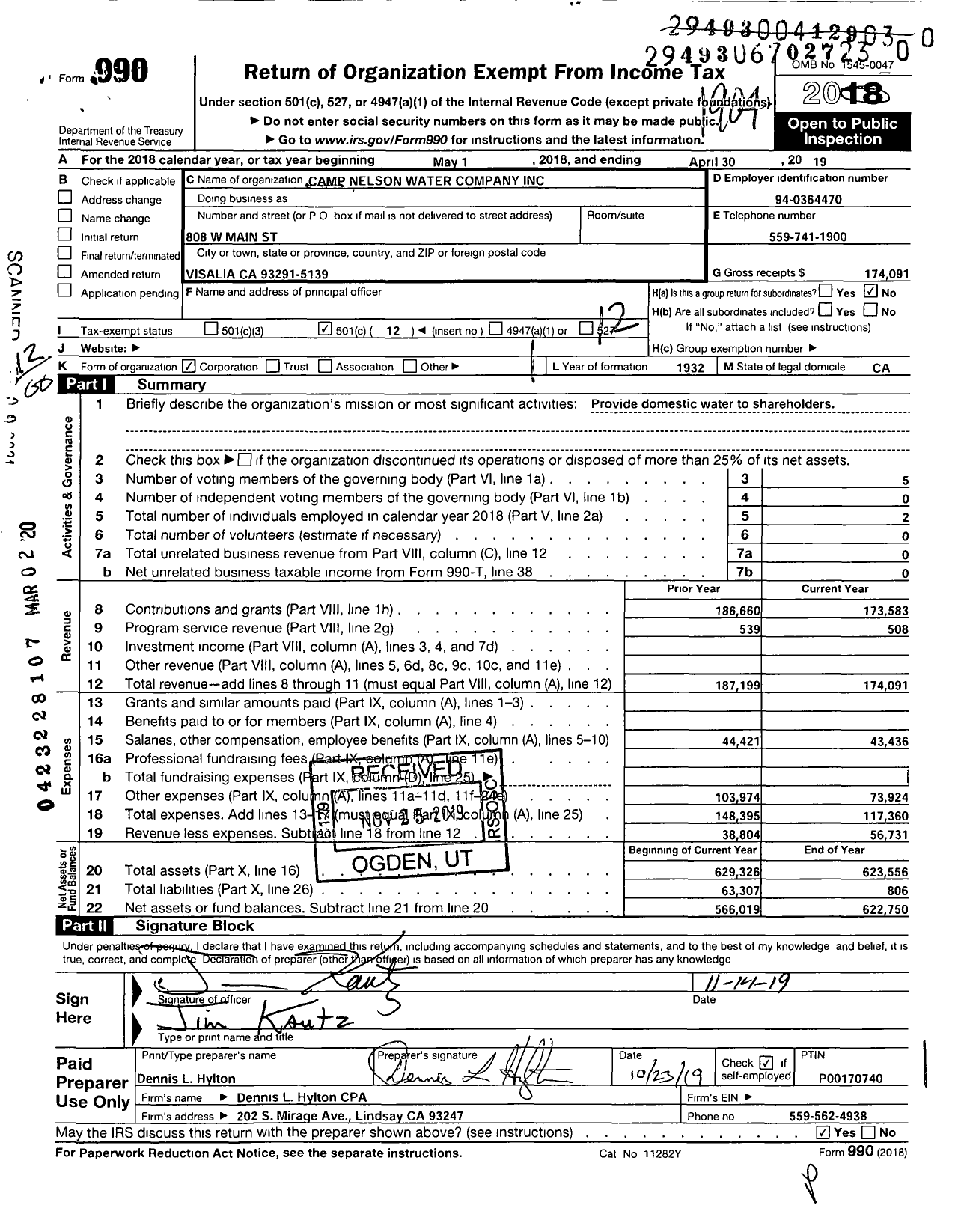 Image of first page of 2018 Form 990O for Camp Nelson Water Companay