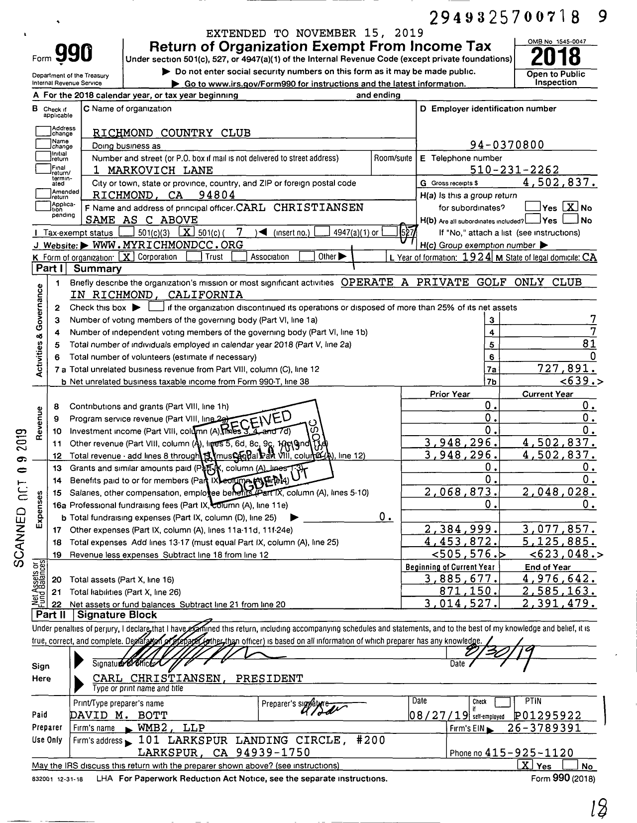 Image of first page of 2018 Form 990O for Richmond Country Club