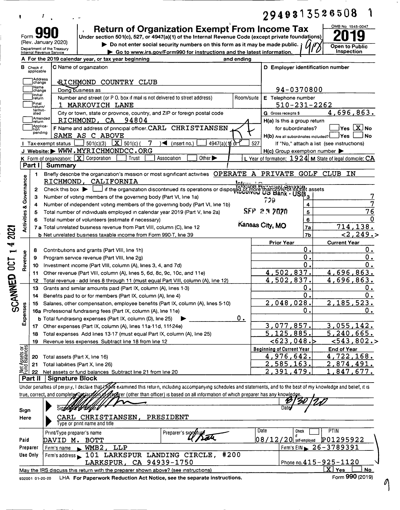 Image of first page of 2019 Form 990O for Richmond Country Club