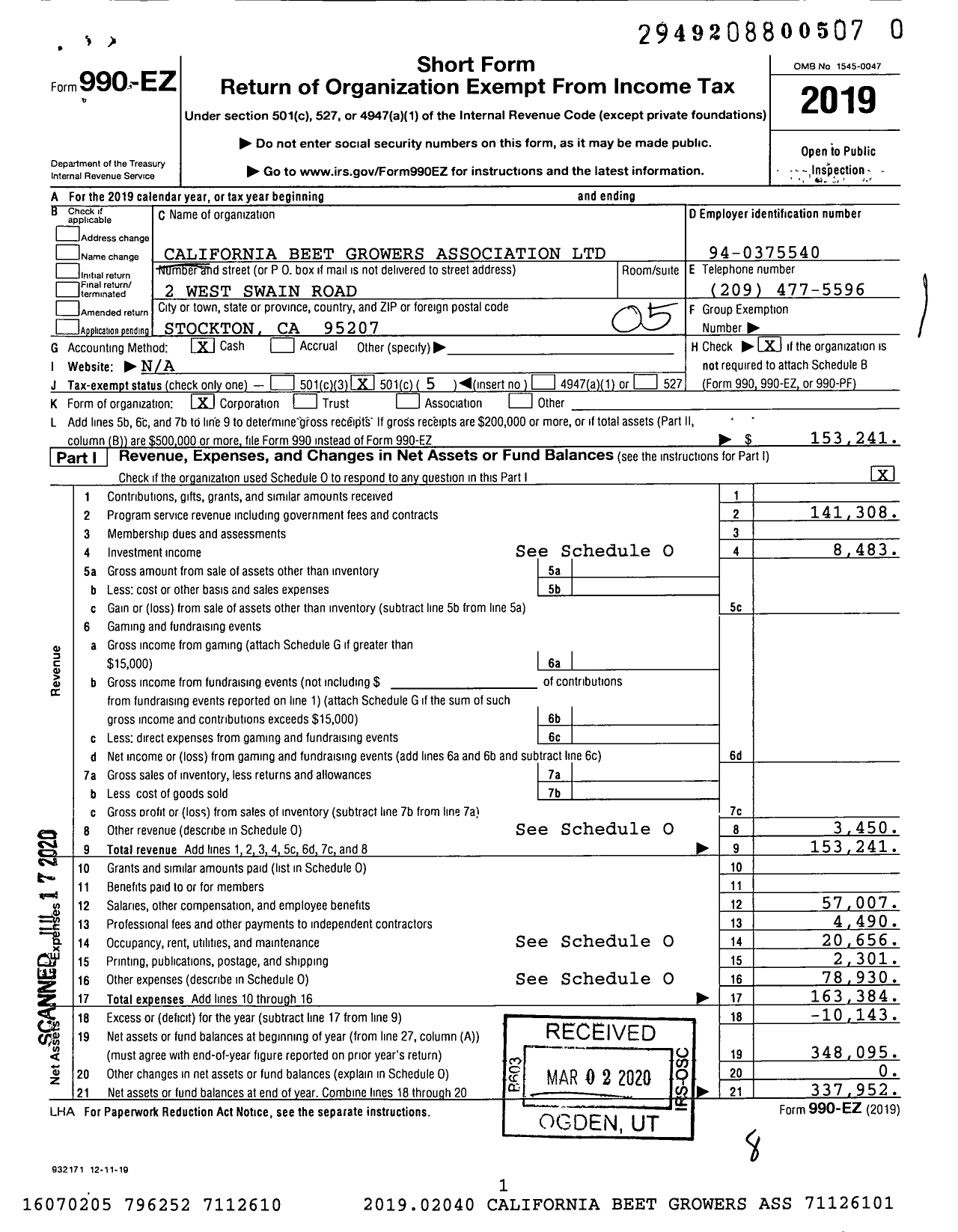 Image of first page of 2019 Form 990EO for California Beet Growers Association