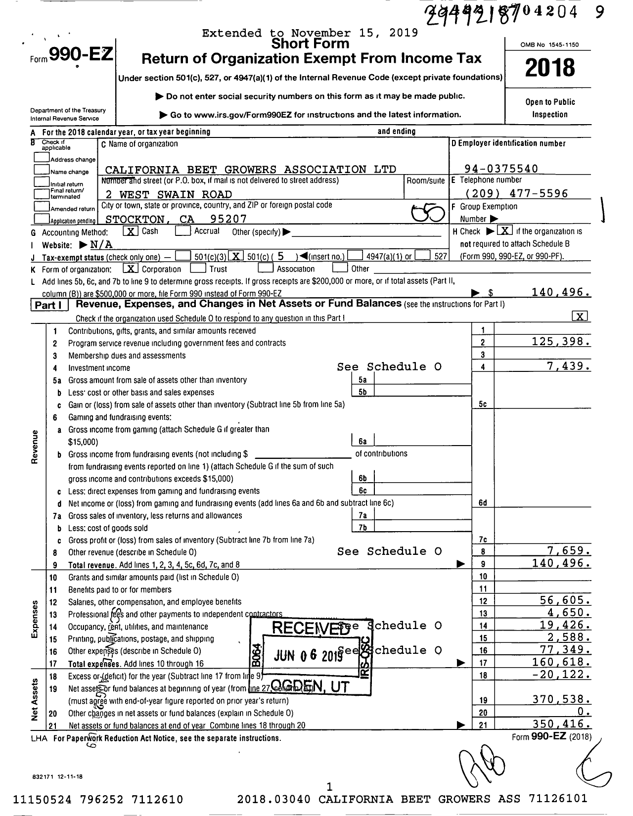 Image of first page of 2018 Form 990EO for California Beet Growers Association