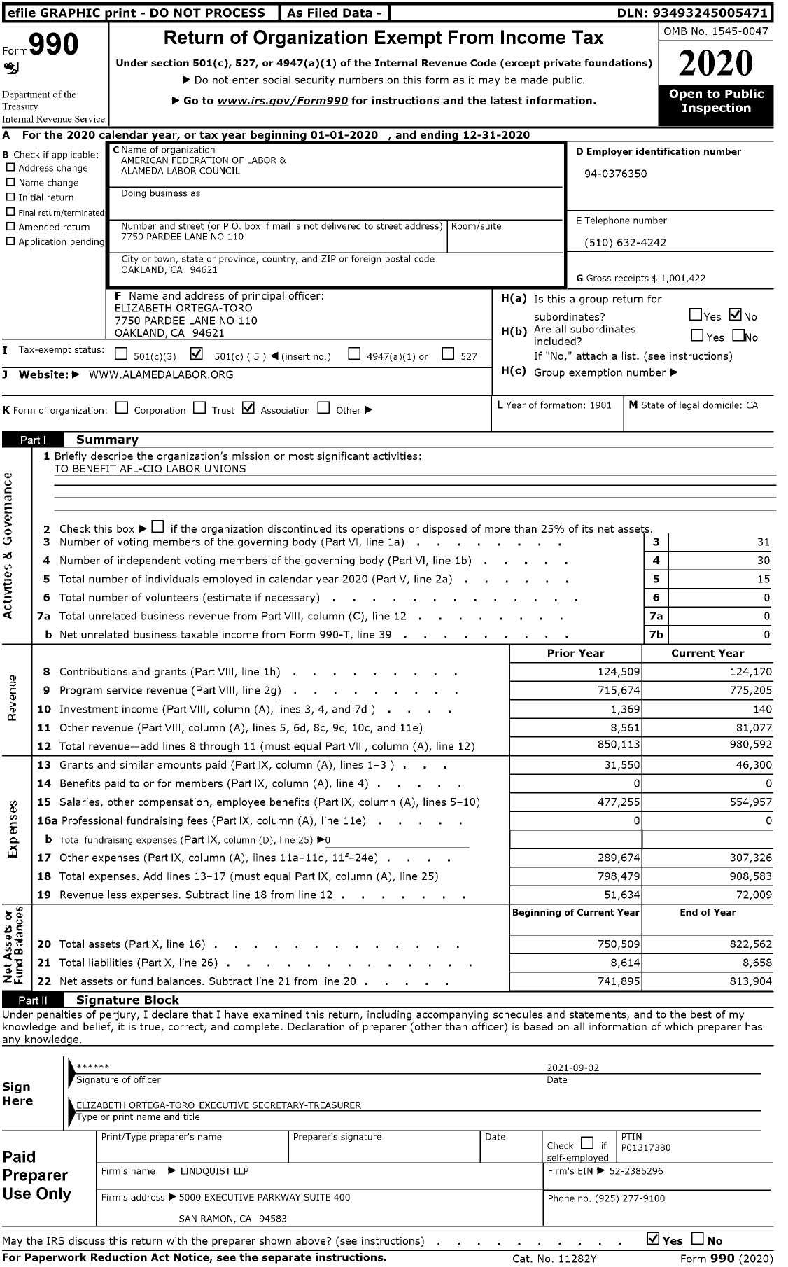 Image of first page of 2020 Form 990O for AFL-CIO - Alameda Labor Council