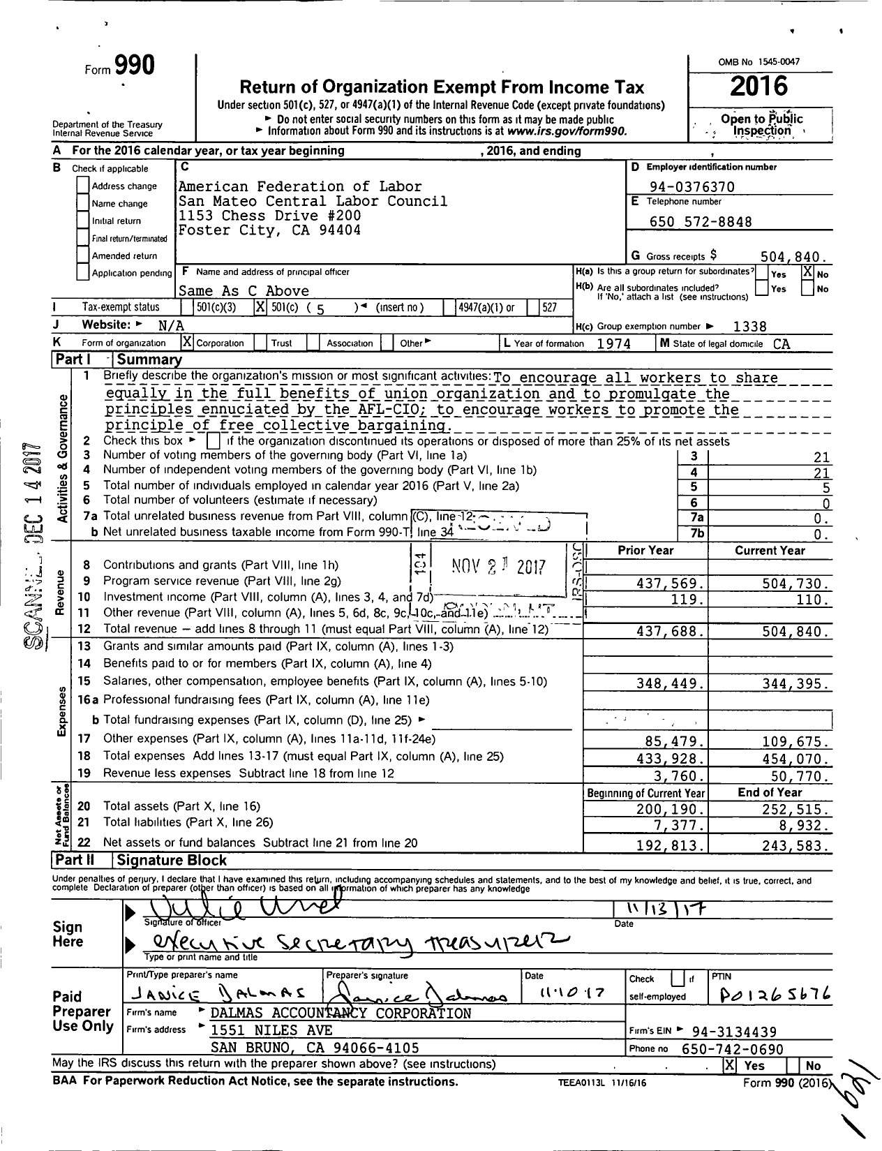 Image of first page of 2016 Form 990O for AFL-CIO - San Mateo County Central L C