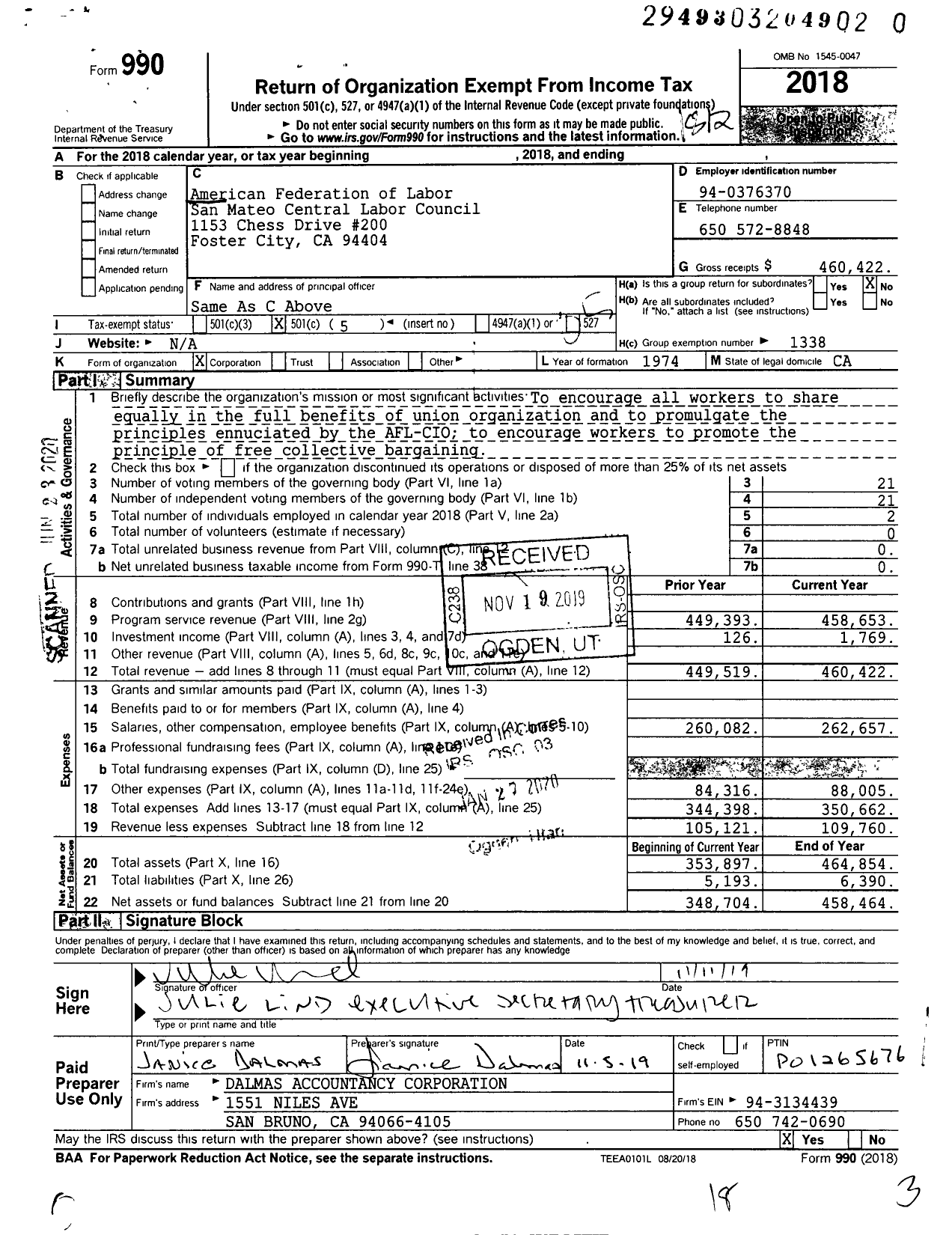 Image of first page of 2018 Form 990O for AFL-CIO - San Mateo County Central L C