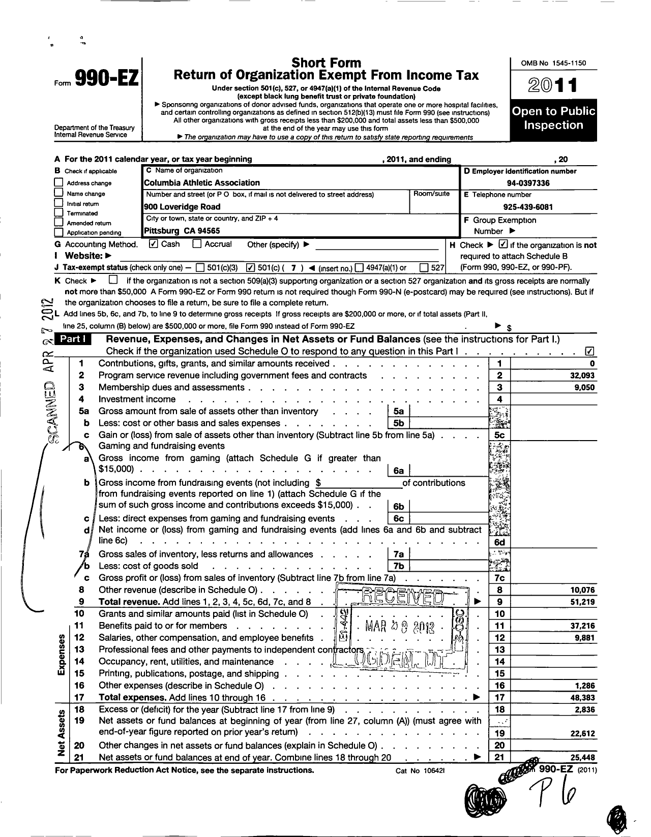 Image of first page of 2011 Form 990EO for Columbia Athletic Association Pittsburg Works U S Steel Corp Ind