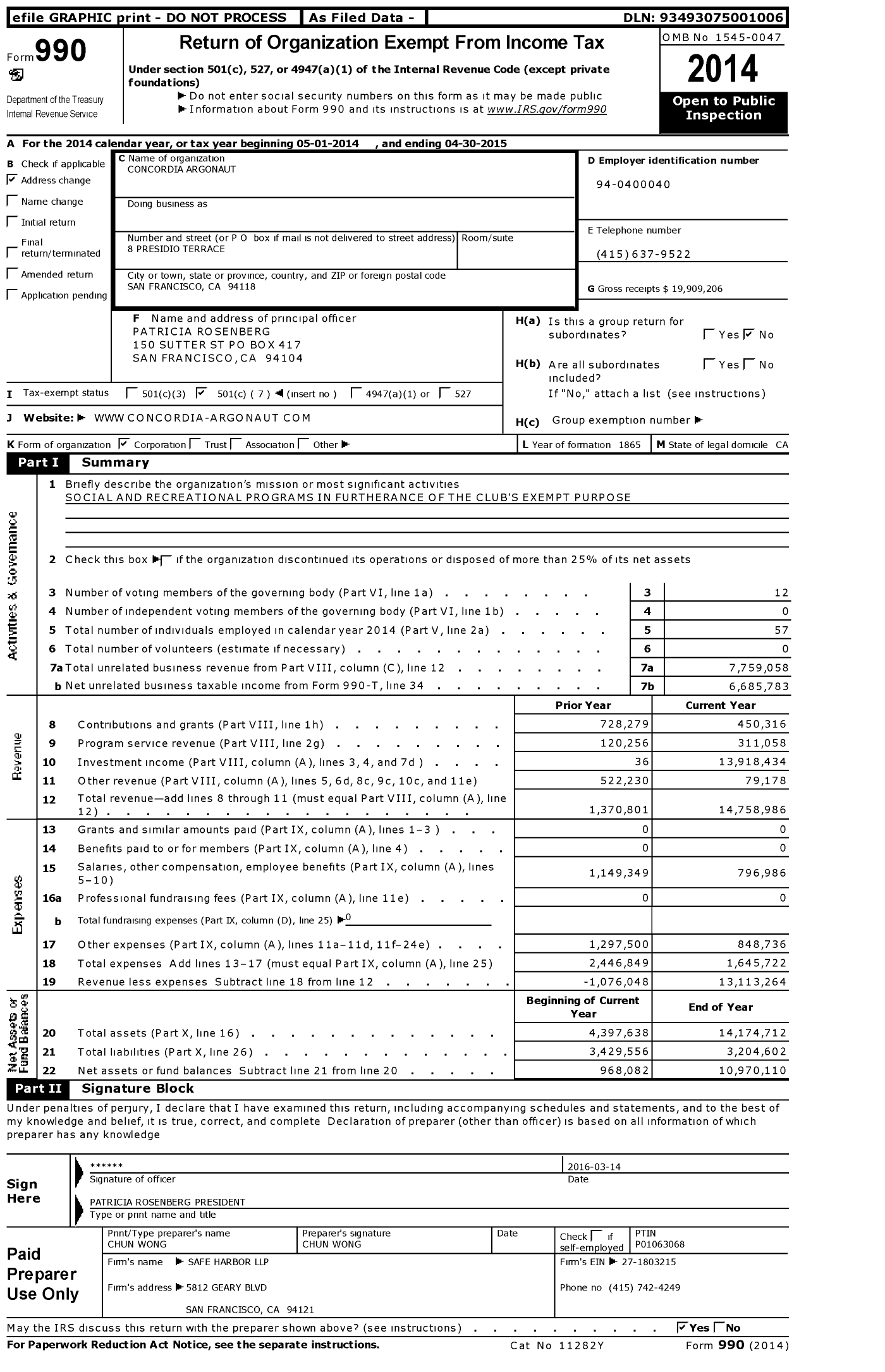 Image of first page of 2014 Form 990O for Concordia Argonaut