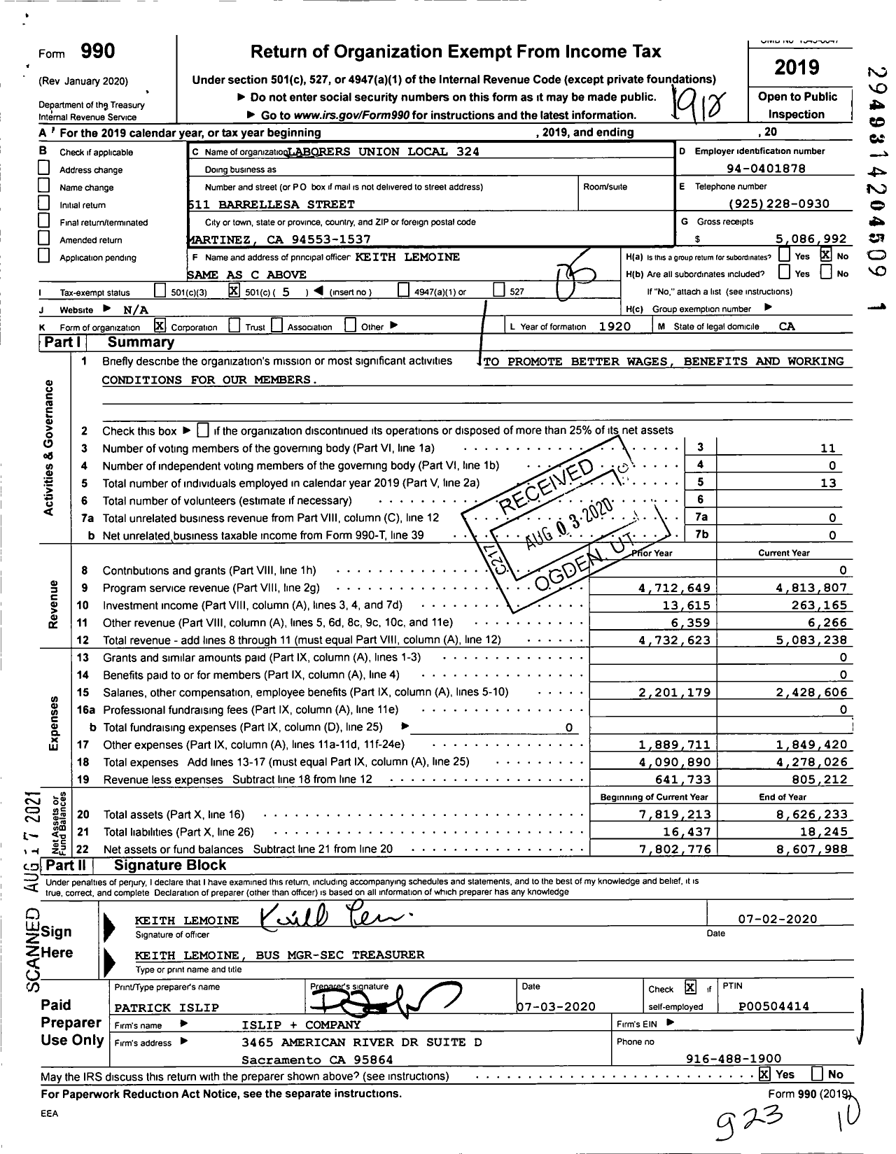 Image of first page of 2019 Form 990O for Laborers' International Union of North America - 324 Local Union