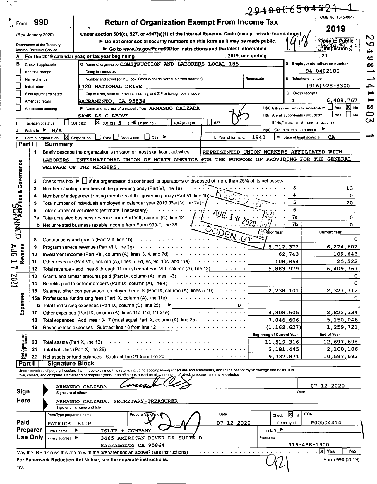 Image of first page of 2019 Form 990O for Laborers' International Union of North America - 185 HCL